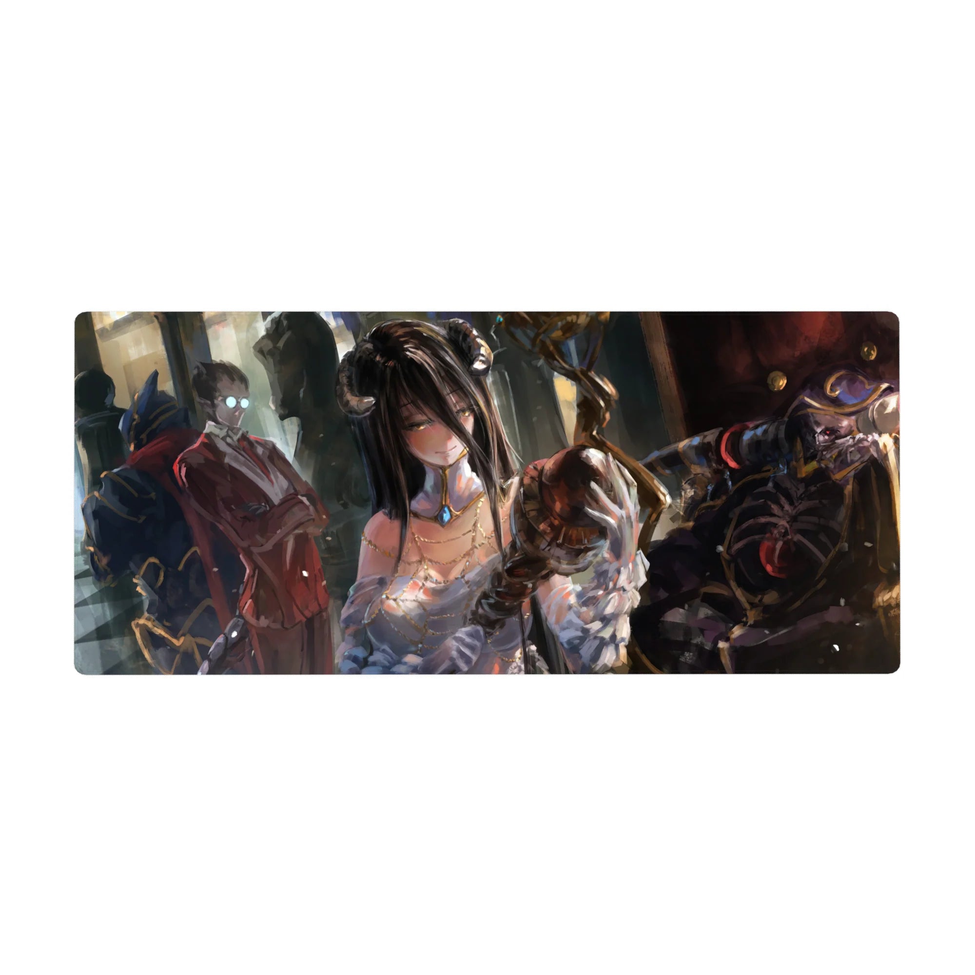 Anime desk pad 36x16 inches featuring Albedo and Ainz Ooal Gown from Overlord in a regal, painterly style.