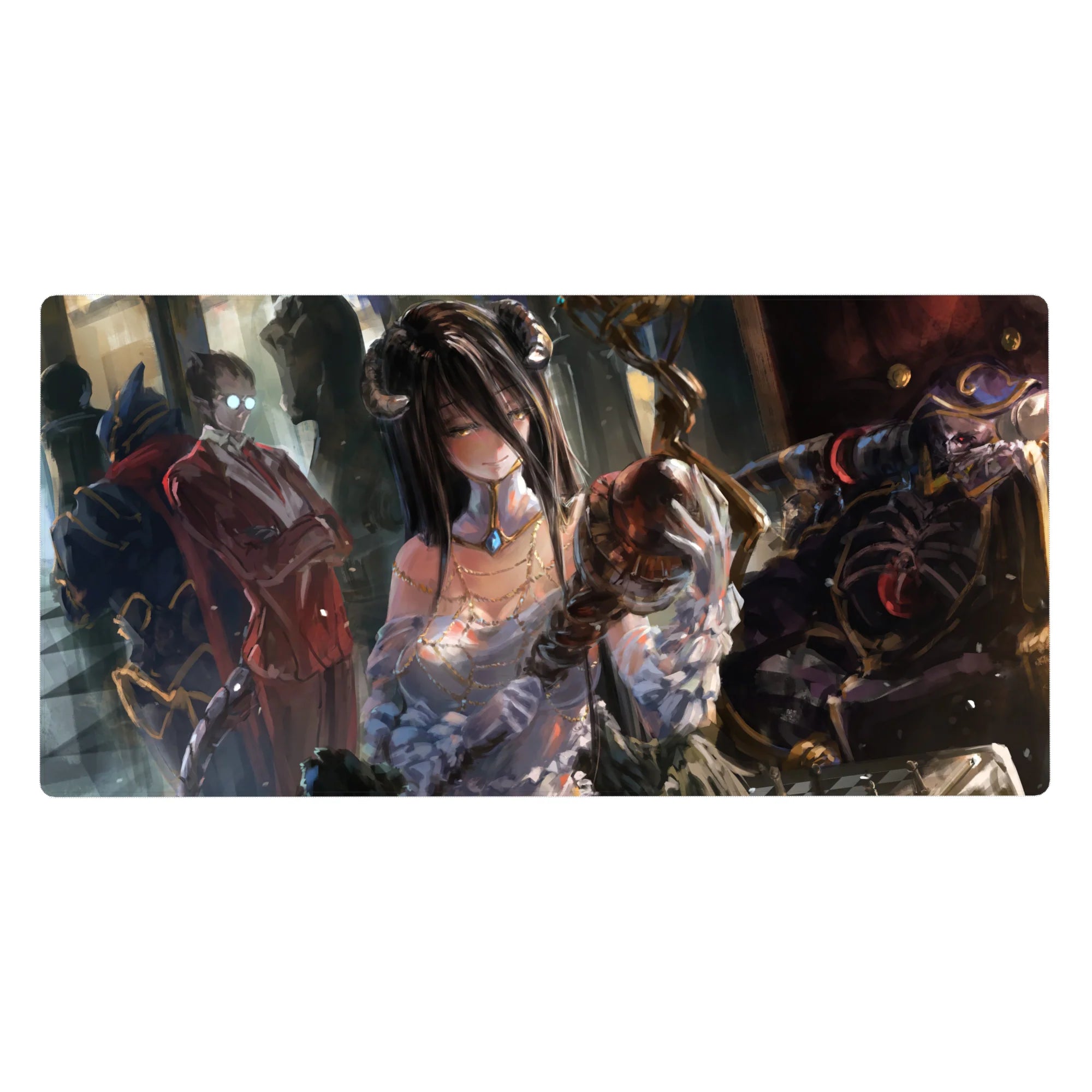 Anime desk pad 40x20 inches featuring Albedo and Ainz Ooal Gown from Overlord, with a regal and dreamy painterly vibe.