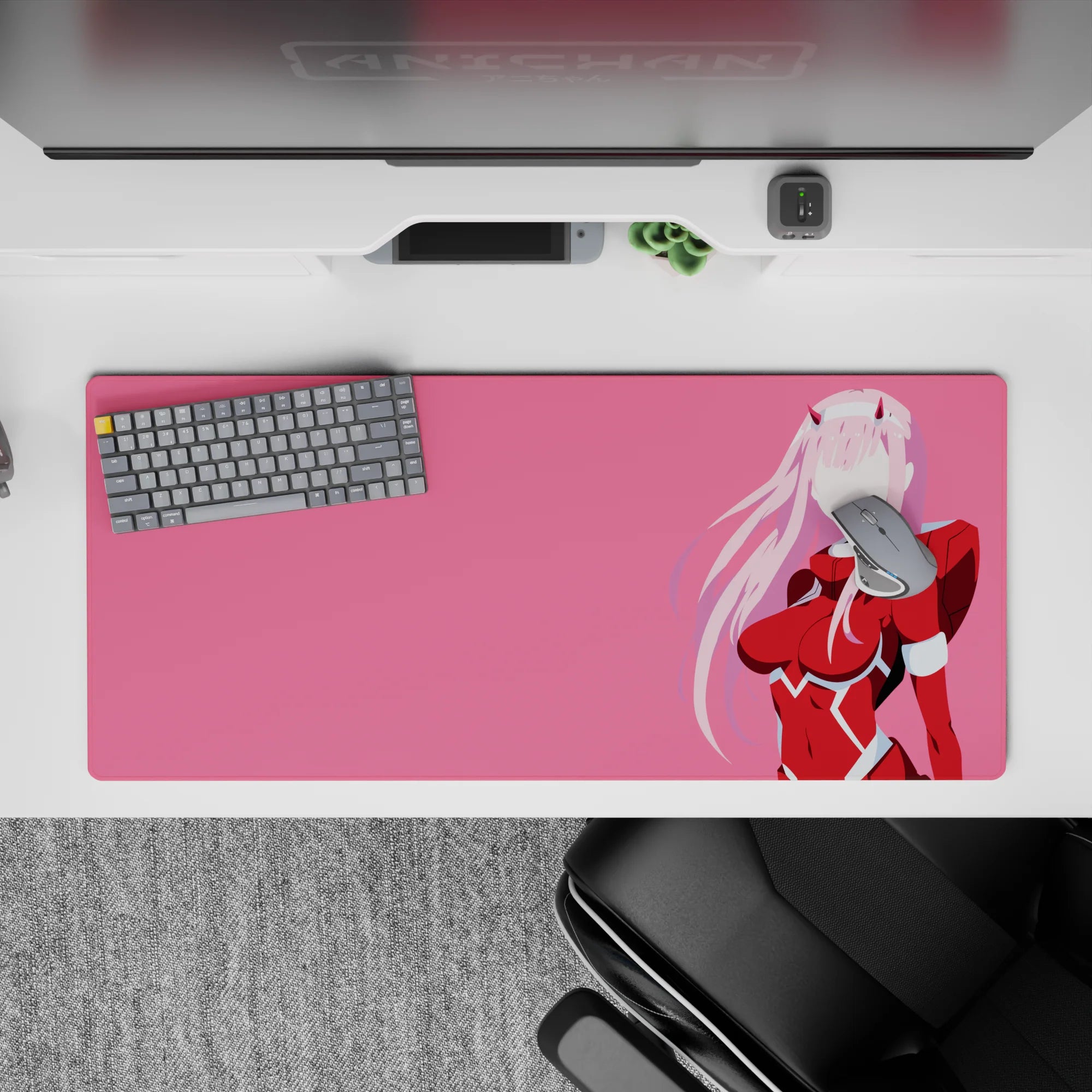 36x16 inches mouse pad with minimalist silhouette, blending pink and red hues with clean vector lines for a modern, artistic anime-inspired look.