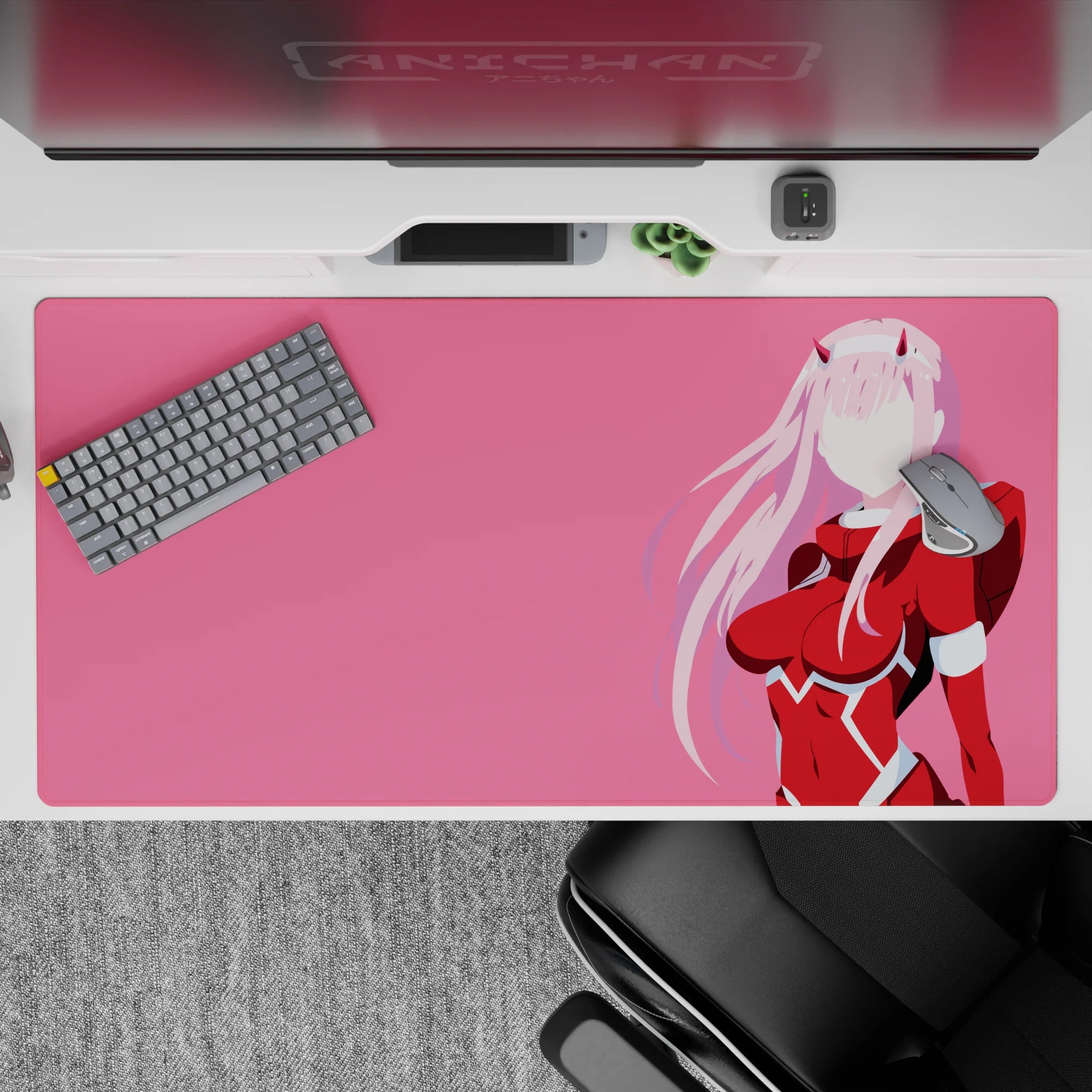 40x20 inches mouse pad with minimalist silhouette design, featuring pink and red hues and clean vector lines for a sleek, modern anime-inspired aesthetic.