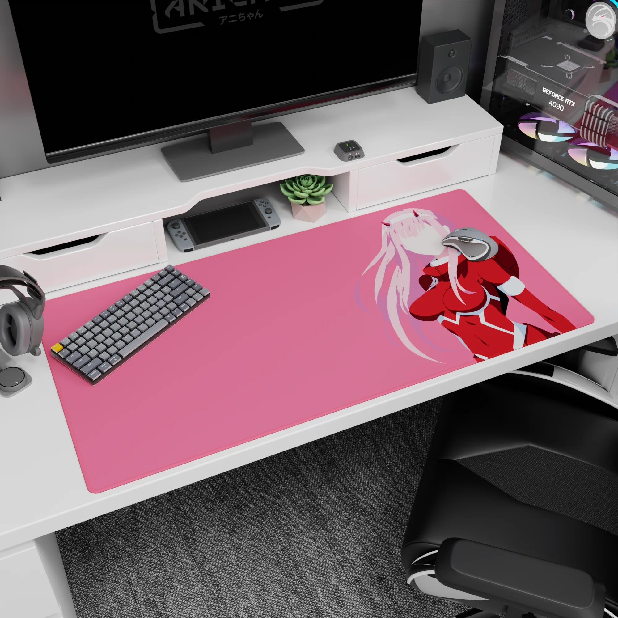 Large 40x20 inches mouse pad featuring bold, minimalist silhouette in pink and red hues, with clean vector lines for a modern and sleek anime setup.