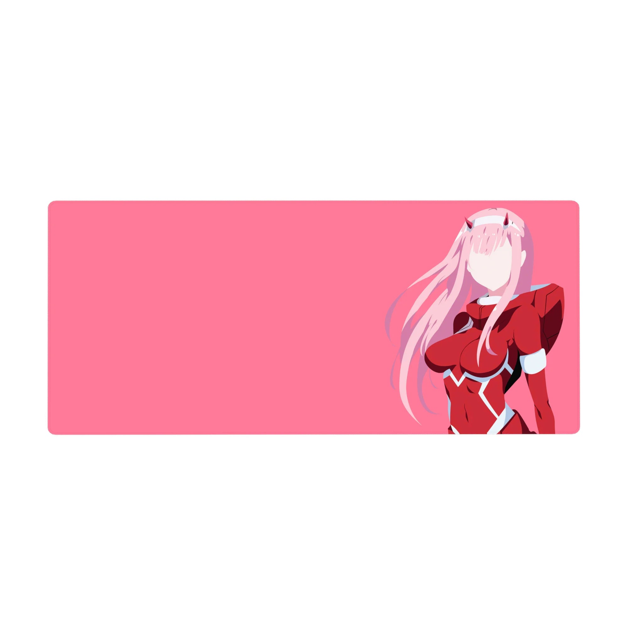 Mouse pad featuring minimalist silhouette design, 36x16 inches, with pink and red hues, clean vector lines, and a faceless design for a sleek, modern anime vibe.