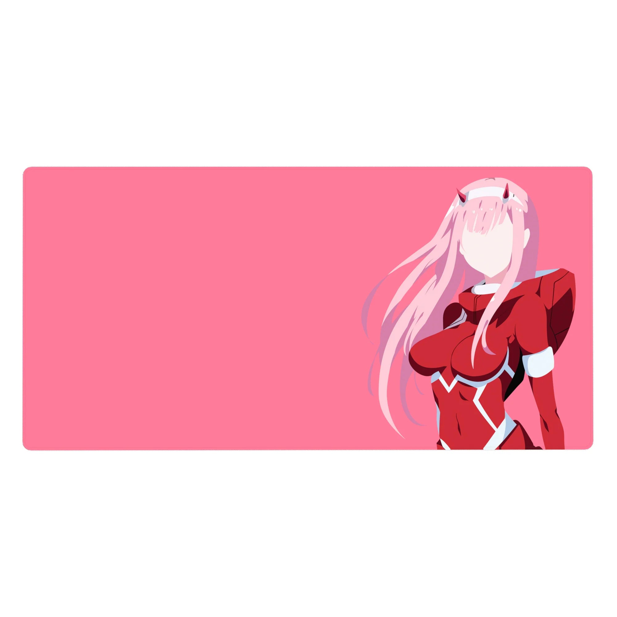 Mouse pad featuring minimalist silhouette design, 40x20 inches, with bold pink and red hues, clean vector lines, and a faceless yet recognizable look for modern anime aesthetics.