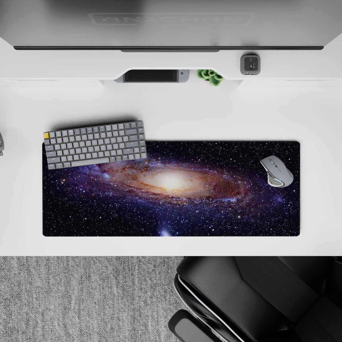 Calming deep navy and smoky blue mouse pad, 32x12 inches, with beige and faint purple galaxy hues.