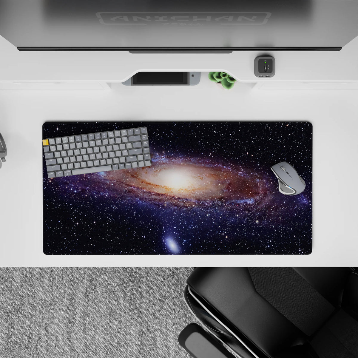 Deep navy and smoky blue 32x16 inches mouse pad with dusty beige and faint purple, calm cosmic mood.