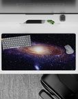 Deep navy and smoky blue 32x16 inches mouse pad with dusty beige and faint purple, calm cosmic mood.