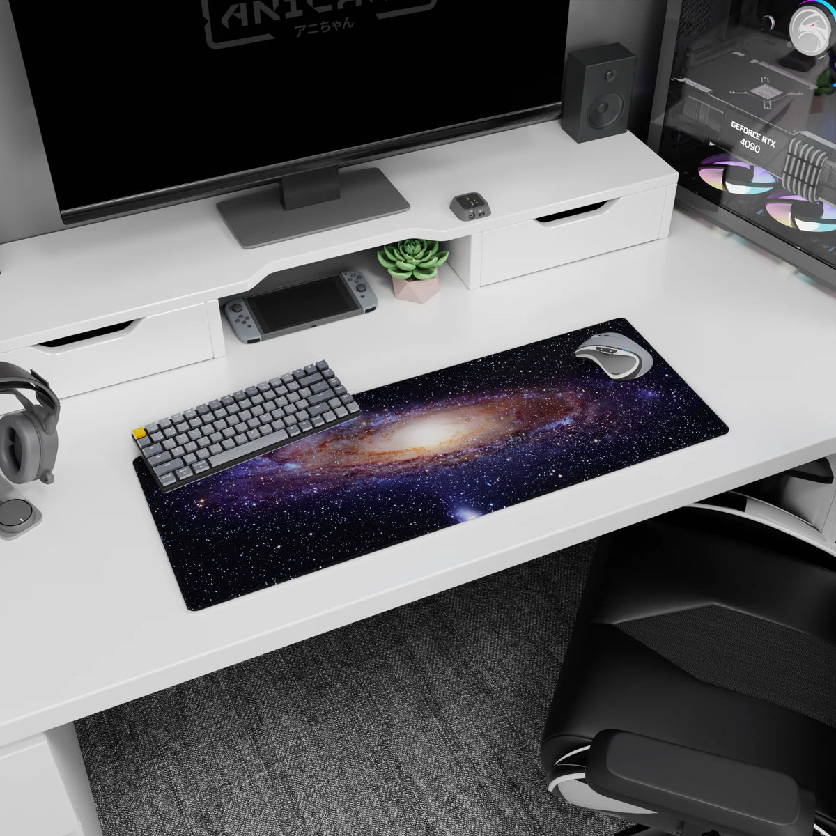 Night sky scene mouse pad, 32x12 inches, featuring tiny stars around a soft glowing galactic center.