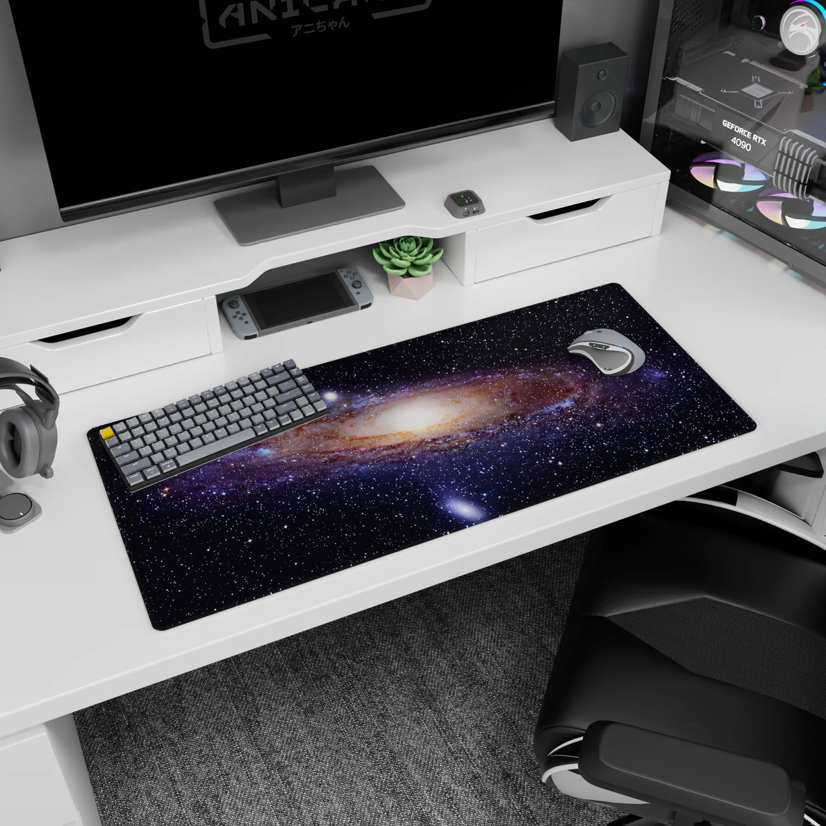 Night sky scene desk pad 36x16 inches featuring a glowing galactic core and star-sprinkled swirl.