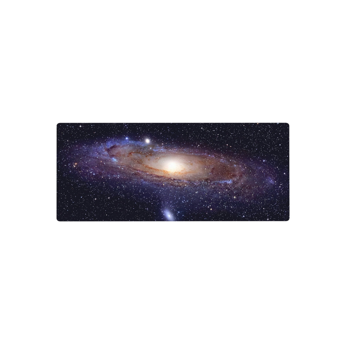 Galaxy swirl starry desk mouse pad 28x12 inches with glowing core and cosmic ribbon design.
