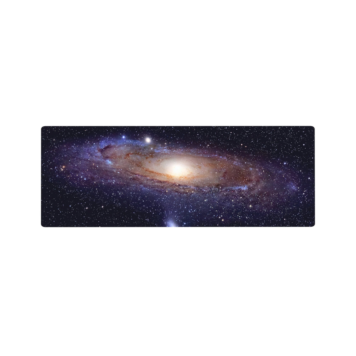 Galaxy swirl starry desk mouse pad, 32x12 inches, with glowing core and cosmic ribbon bands.