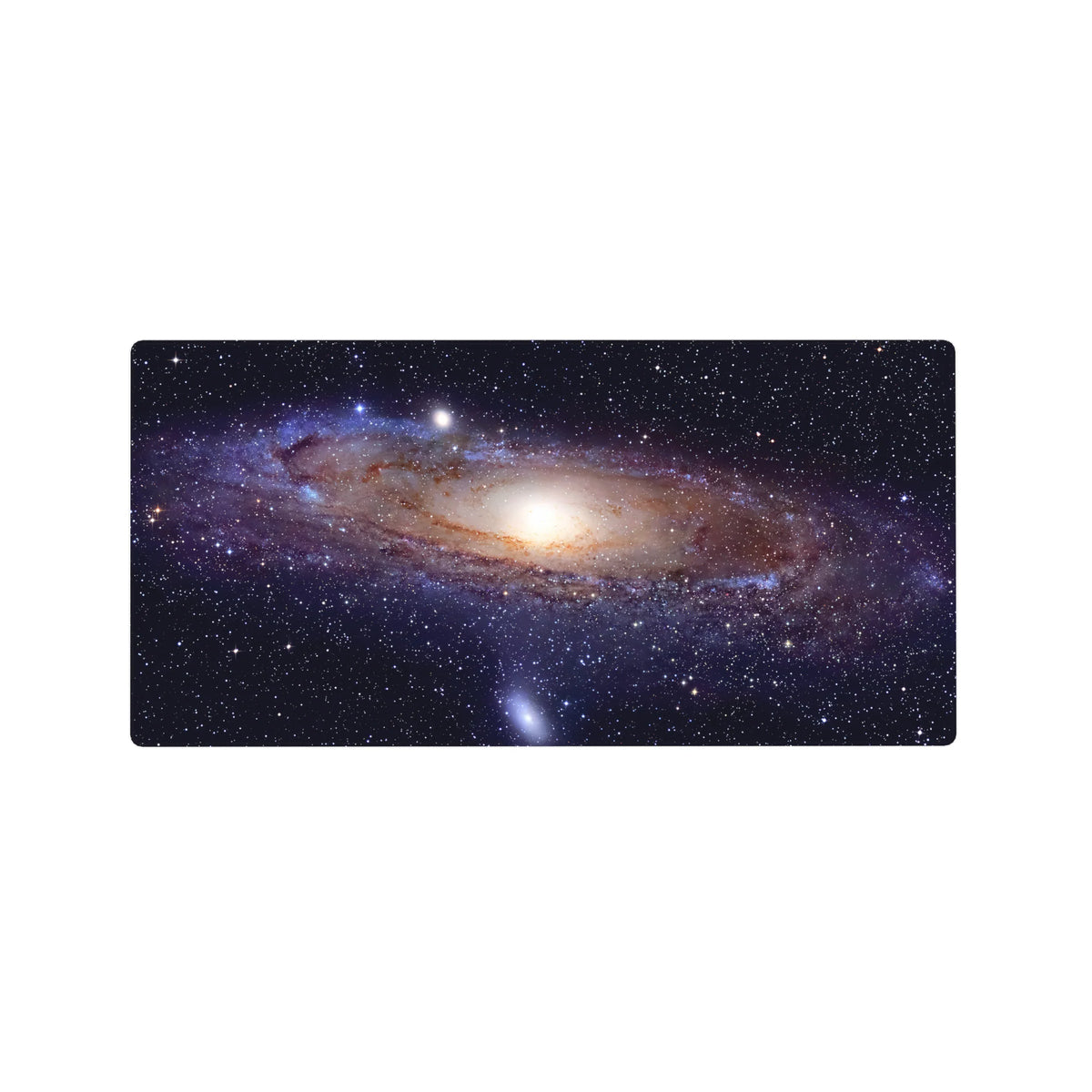 Galaxy swirl desk mouse pad 32x16 inches with tiny stars, ribbon-like bands, and a glowing core.
