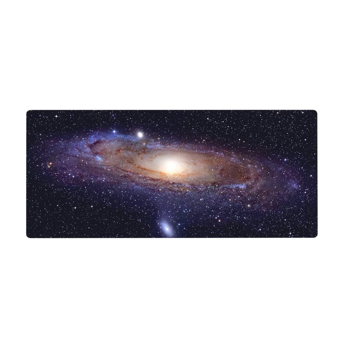 Galaxy swirl desk pad 36x16 inches with tiny stars and a soft glowing core for smooth mouse tracking.