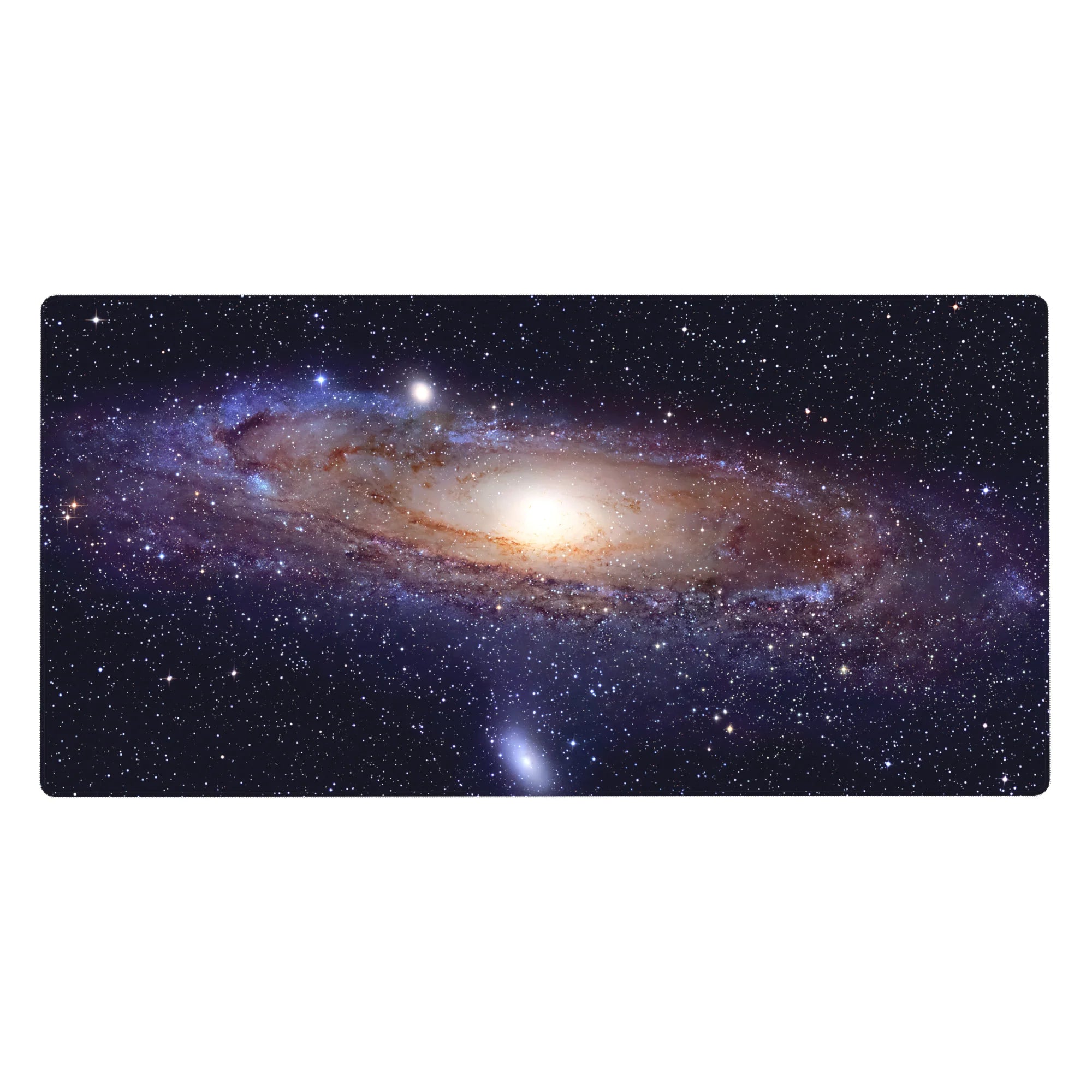 Galaxy swirl desk pad 40x20 inches with tiny star speckles and a soft glowing core.