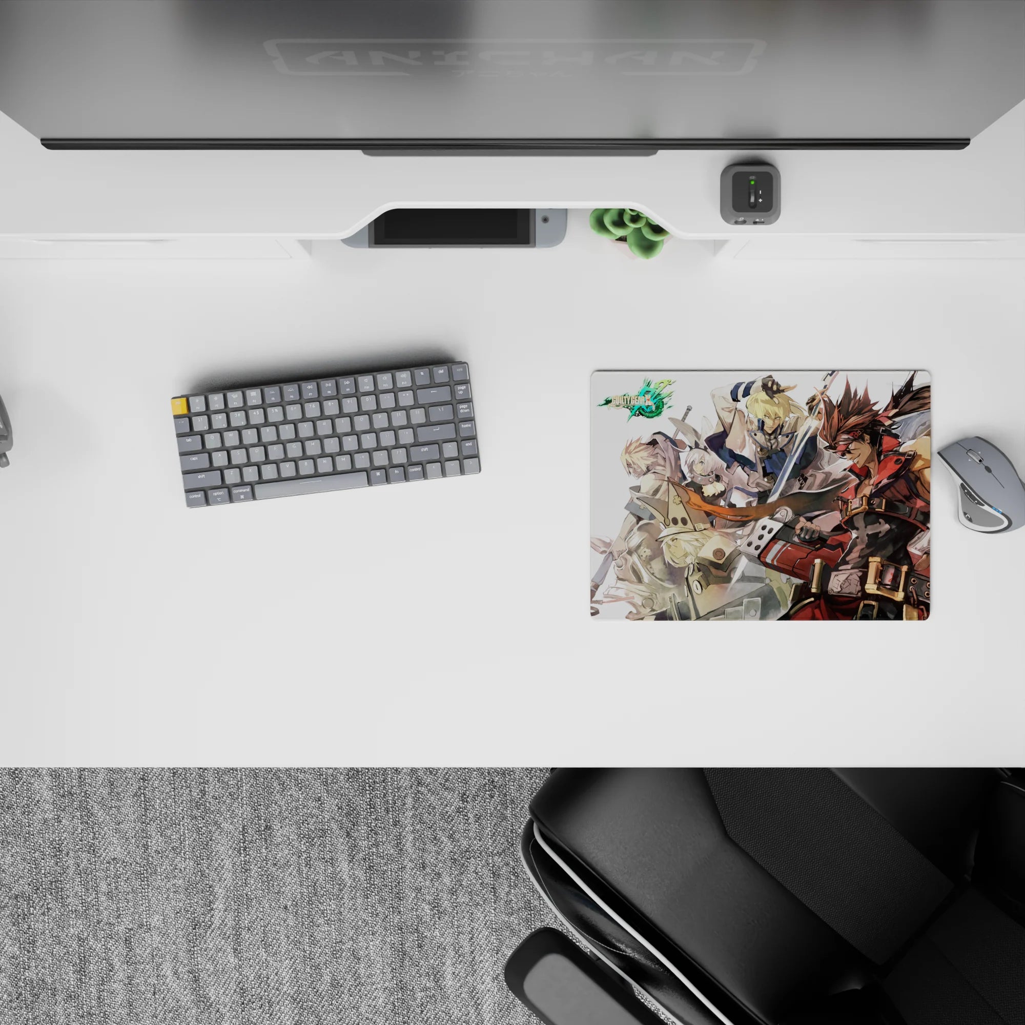 Bold red-and-steel gray anime mouse pad 14x10 inches, high-contrast action vibe on a pale background.