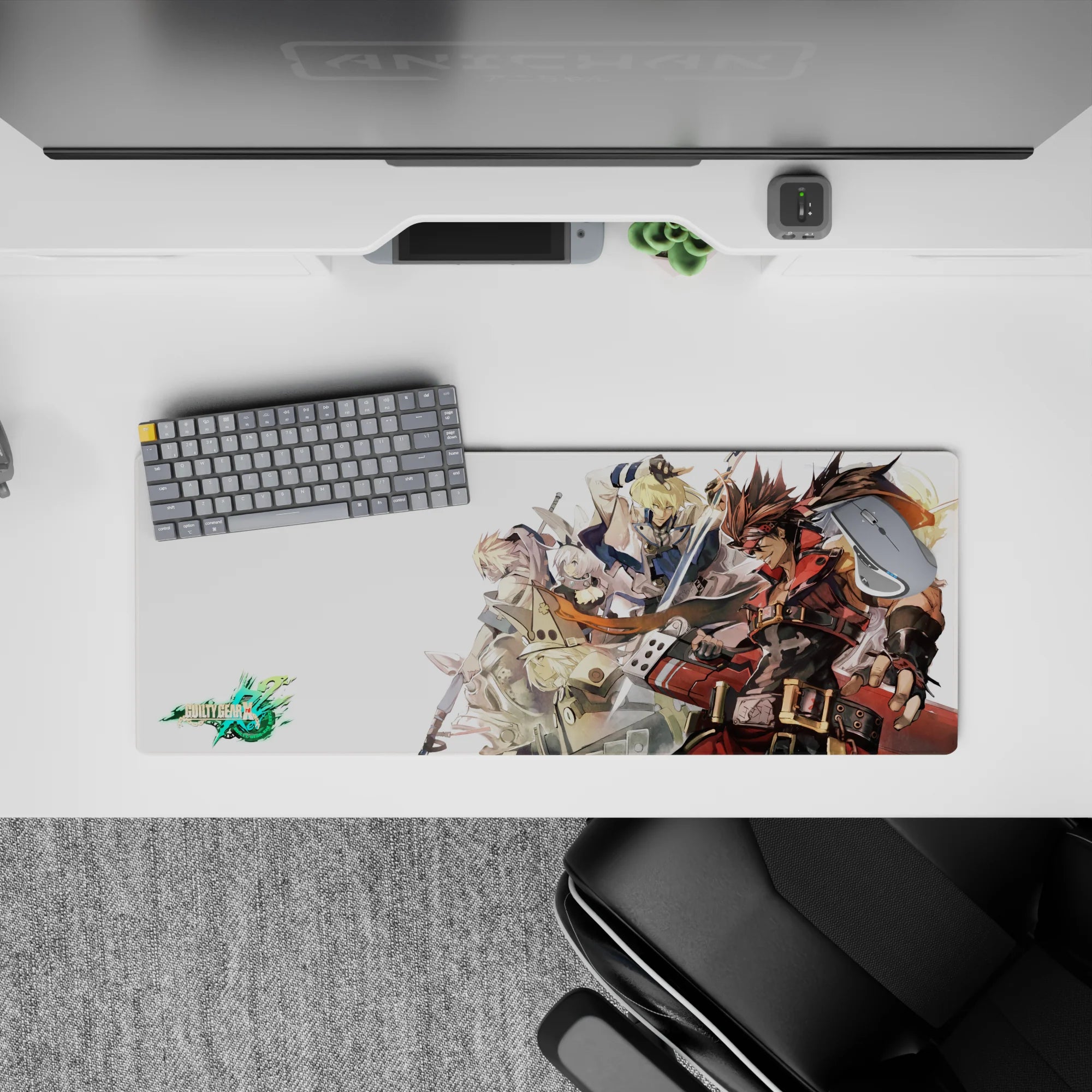 Red and steel gray anime mouse pad 32x12 inches on a pale background, crisp linework for long sessions.