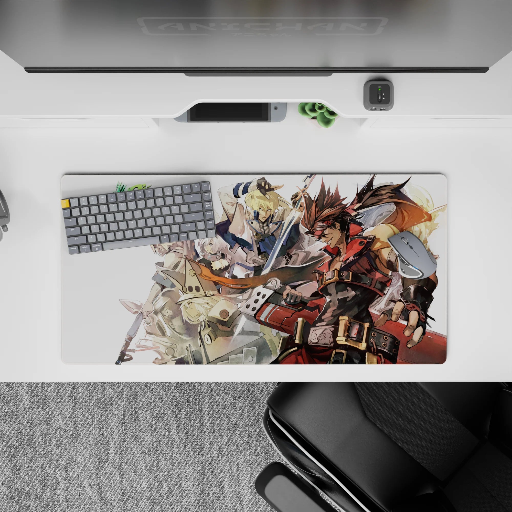 Warm red and steel gray anime mouse pad 32x16 inches on a pale background, crisp linework and bold vibe.