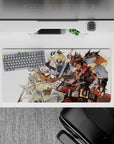 Warm red and steel gray anime mouse pad 32x16 inches on a pale background, crisp linework and bold vibe.