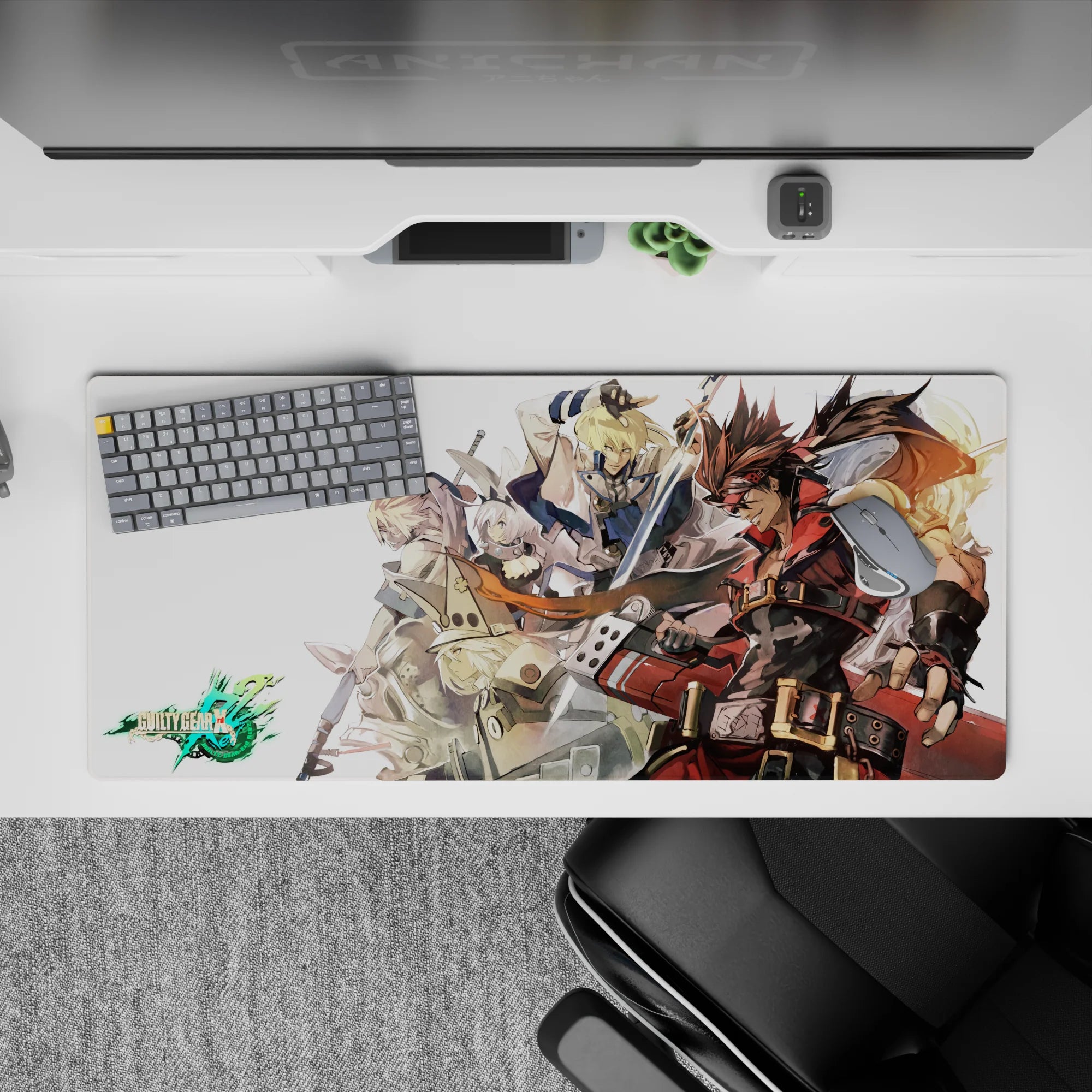 36x16 inches anime desk pad in warm reds and steel grays, clean pale background, bold yet crisp linework.