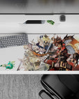 36x16 inches anime desk pad in warm reds and steel grays, clean pale background, bold yet crisp linework.
