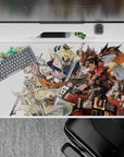 Bold red and steel gray anime desk pad 40x20 inches on a clean pale background, crisp linework.