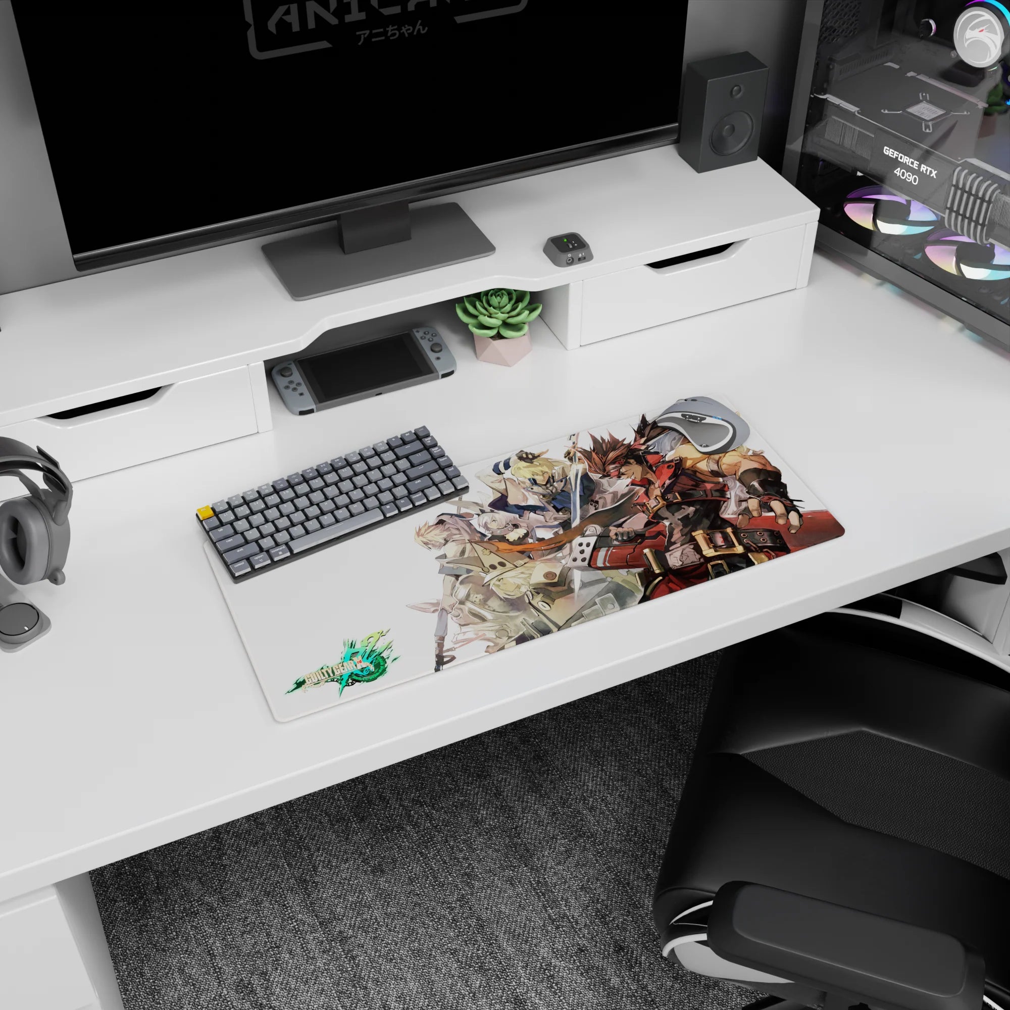 28x12 inches Guilty Gear Xrd mouse pad with Sol Badguy up front and Ky Kiske behind in a diagonal rush.