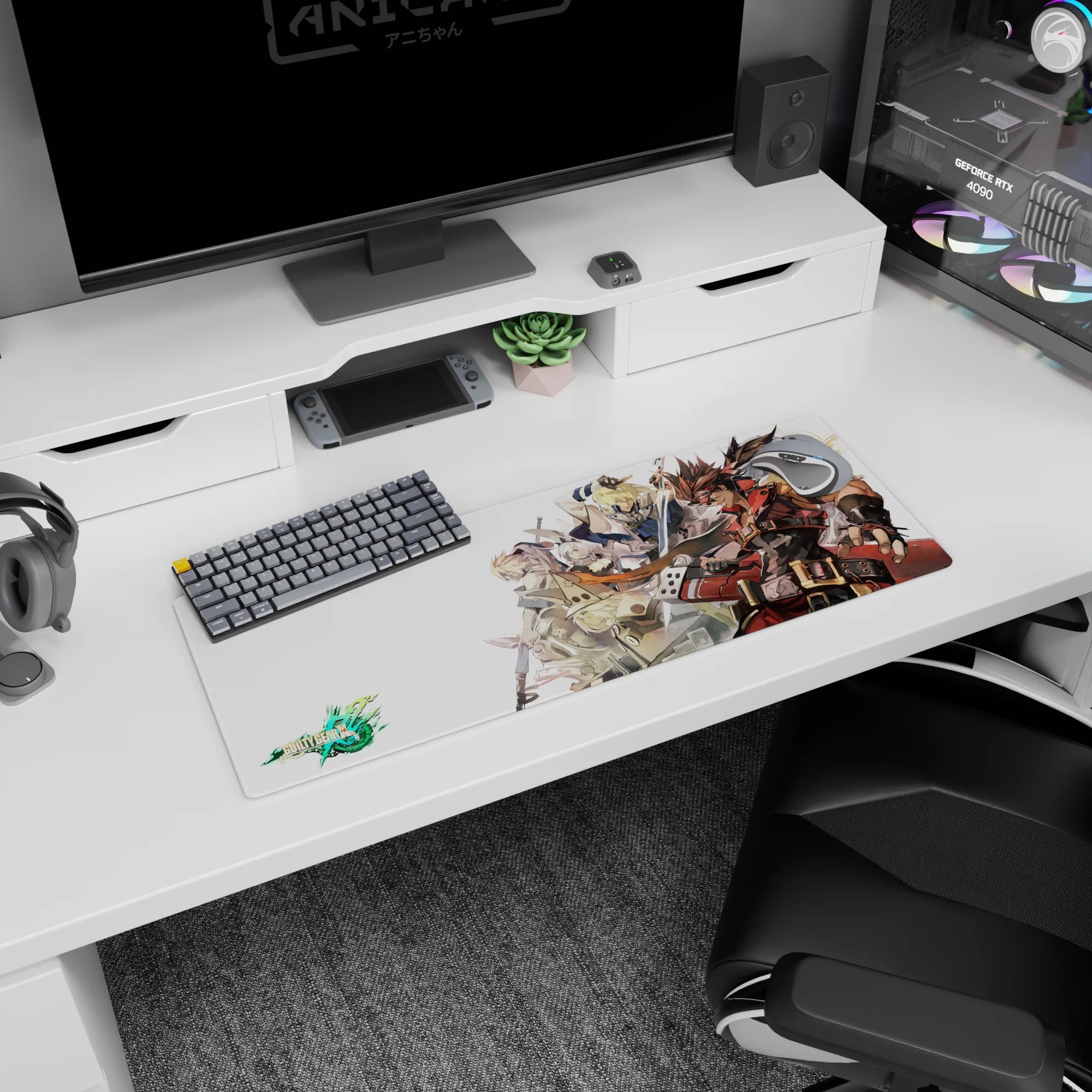 Sol Badguy front and center with Ky Kiske behind on an anime mouse pad 32x12 inches, mid-rush scene.