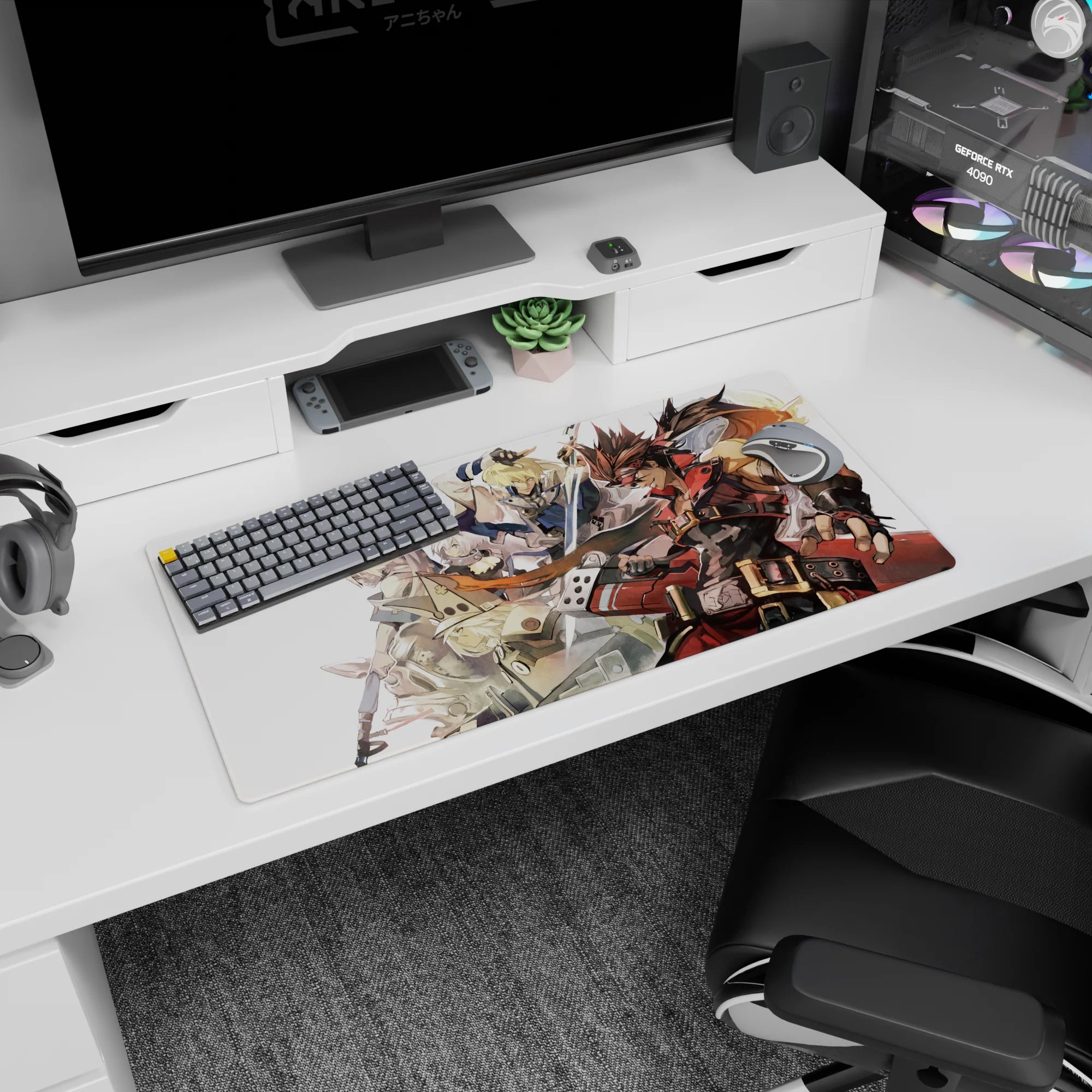 Sol Badguy with spiky hair and red headband, Ky Kiske behind, anime mouse pad 32x16 inches.
