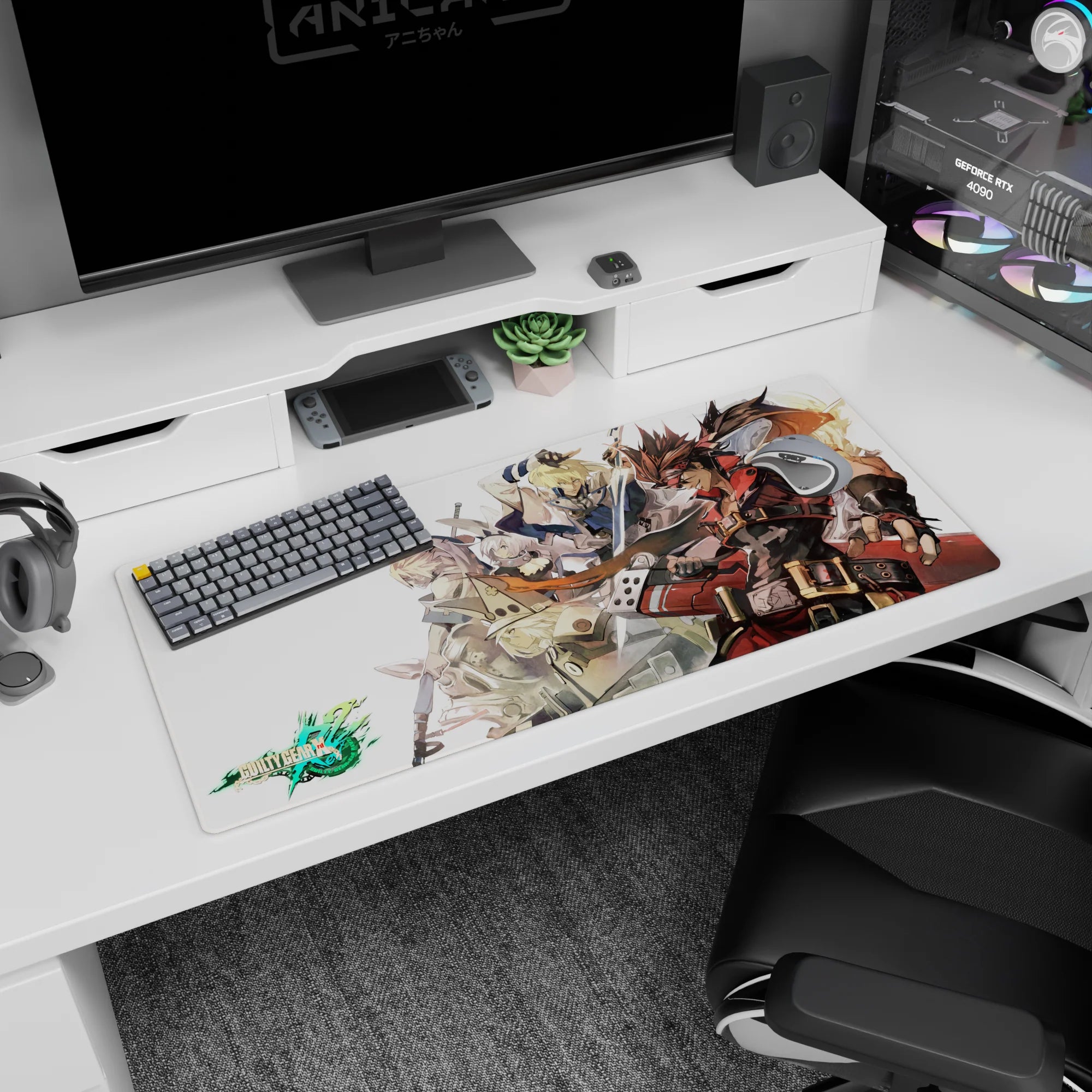 36x16 inches anime desk pad featuring Sol Badguy front and center with Ky Kiske behind, mid-rush poster scene.