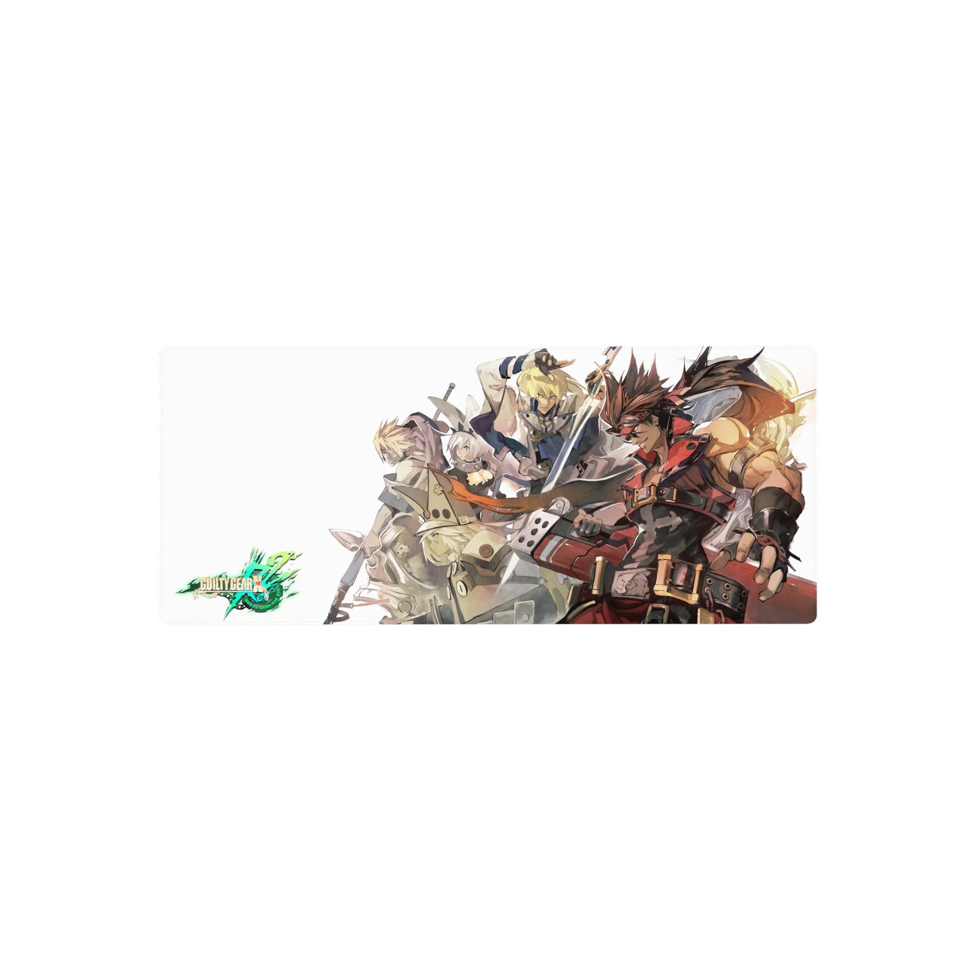 28x12 inches anime mouse pad with Sol Badguy centered, fighters stacked behind on a clean pale backdrop.