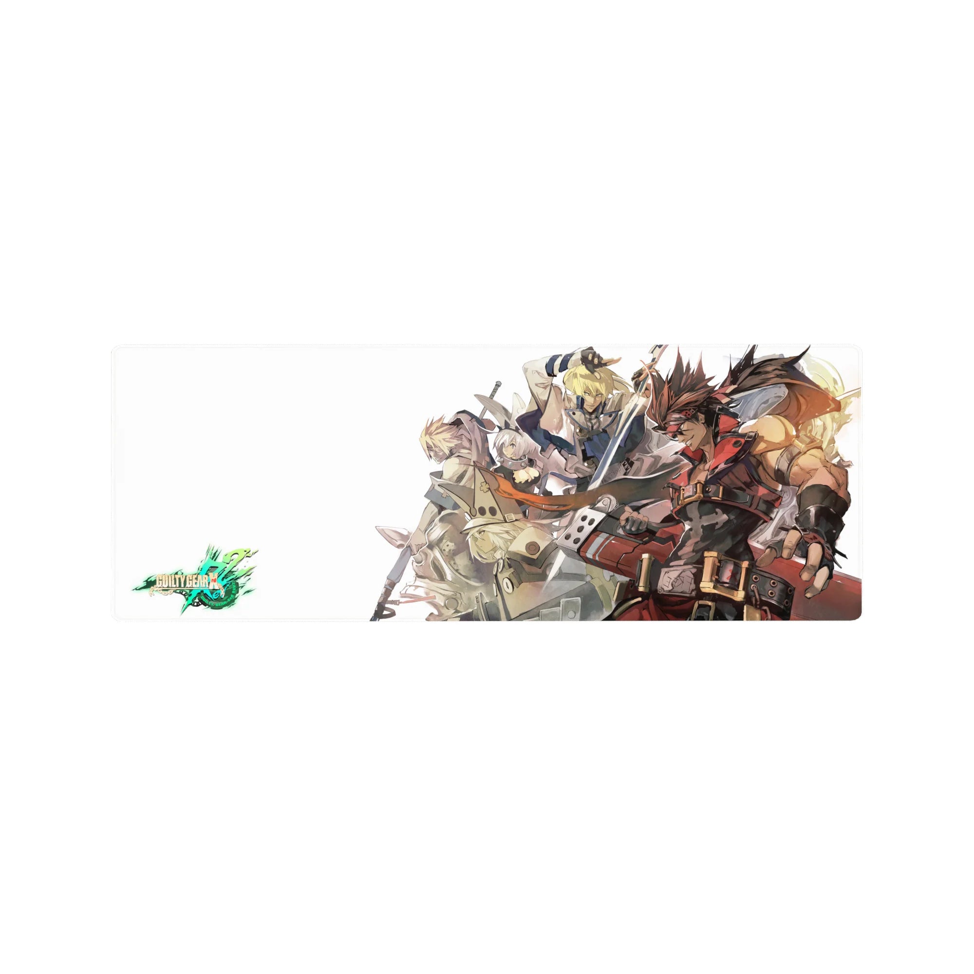 Guilty Gear Xrd anime mouse pad 32x12 inches with Sol Badguy and fighters in a diagonal poster layout.