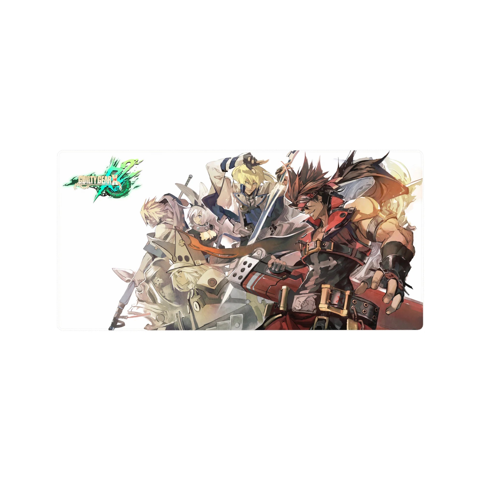 Guilty Gear Xrd anime mouse pad 32x16 inches with Sol Badguy lead and fighters in diagonal poster stack.