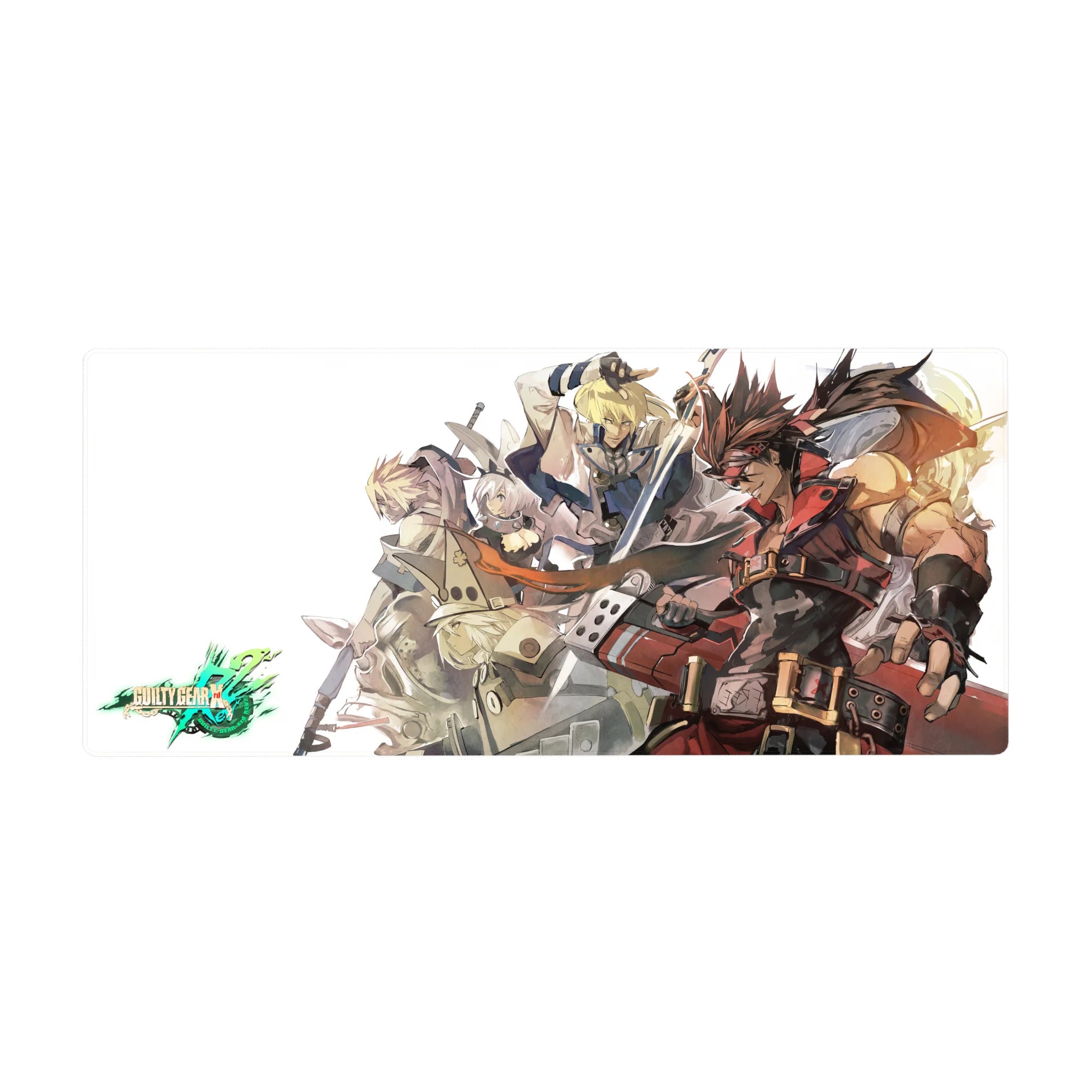 36x16 inches anime desk pad with Guilty Gear Xrd poster-style lineup, sharp diagonal fighters on pale backdrop.