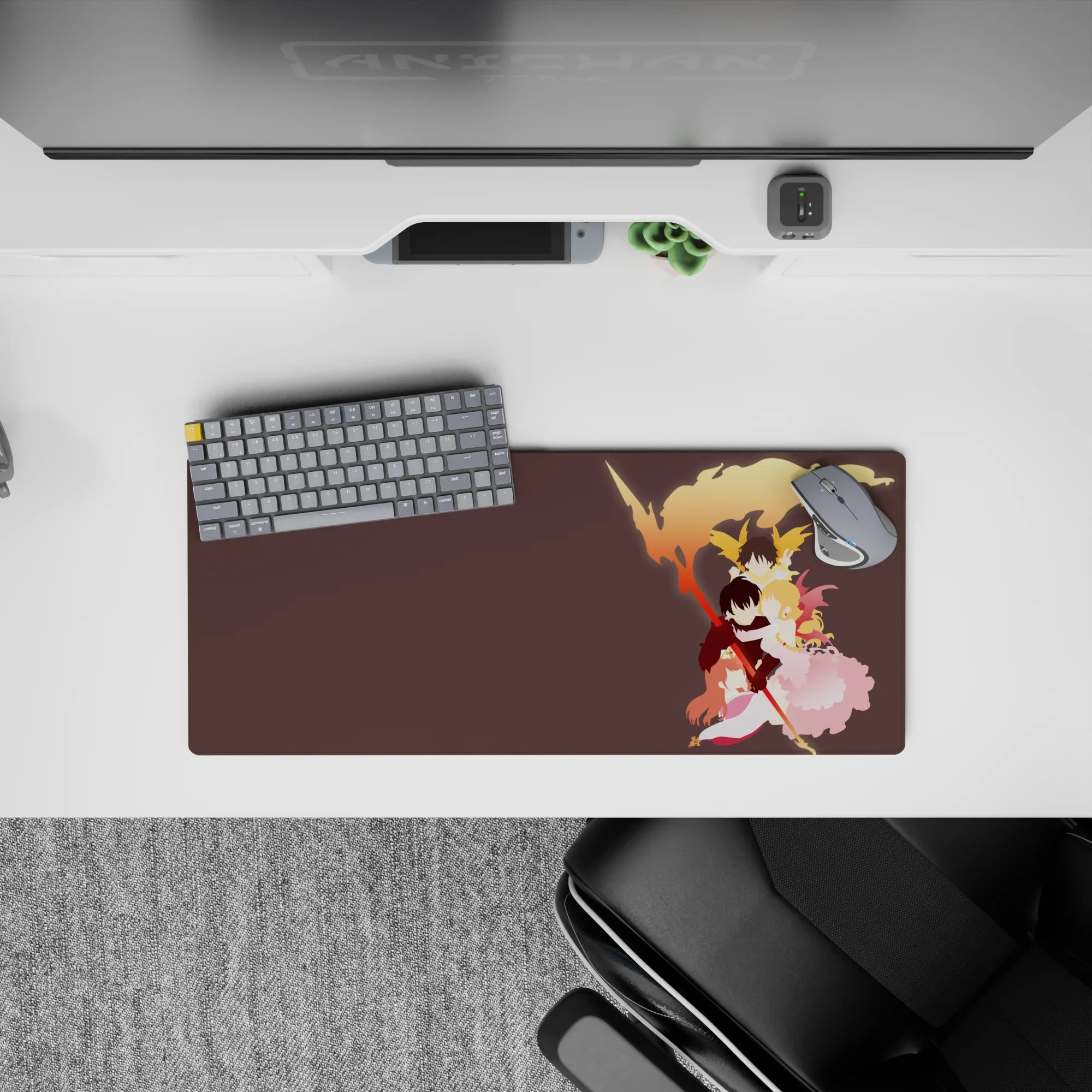 28x12 inches anime mouse pad in sunset orange, gold and blush pink, dreamy faces and cozy warm vibe.