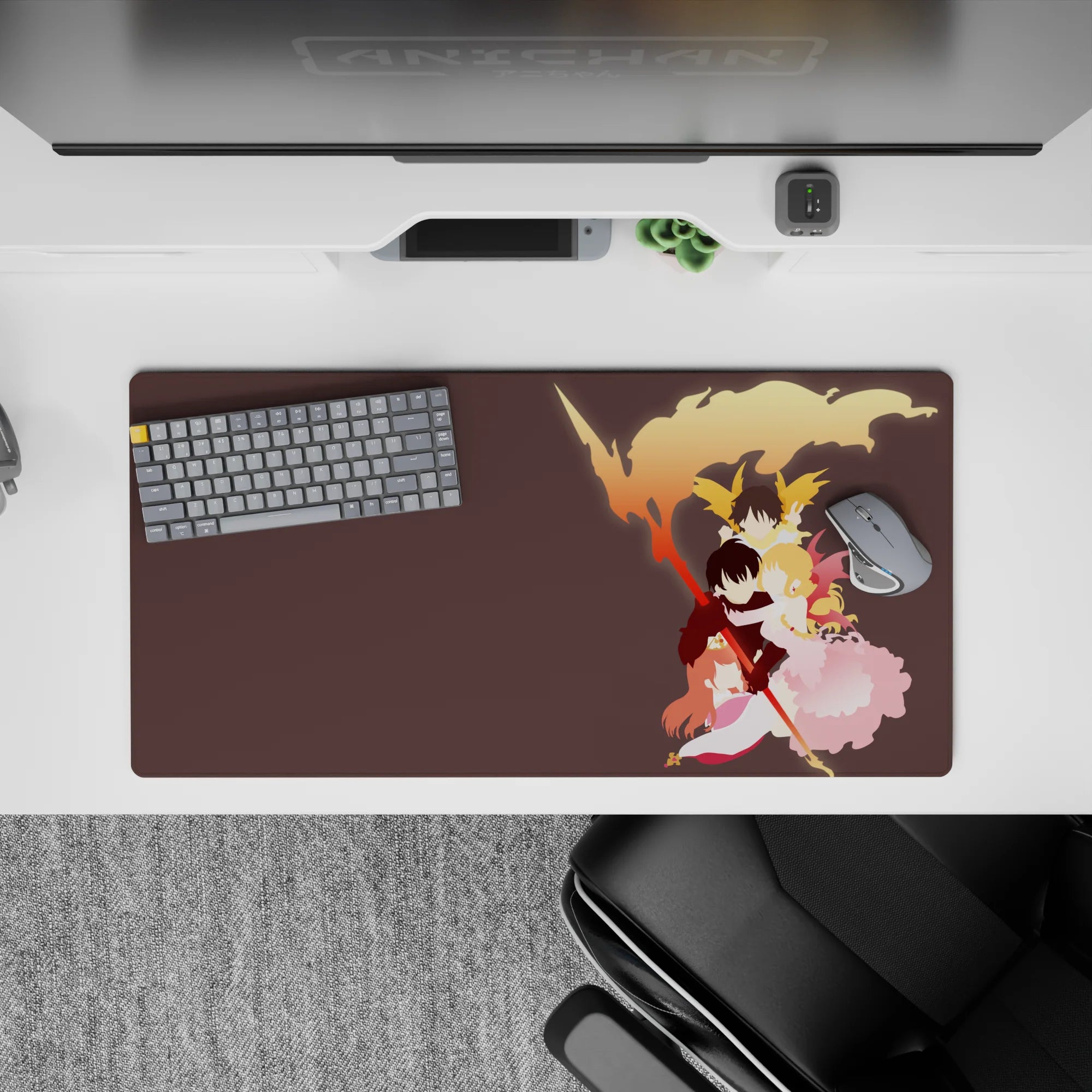 32x16 inches anime mouse pad in sunset orange, gold, and blush pink with dreamy minimal faces and warm glow.