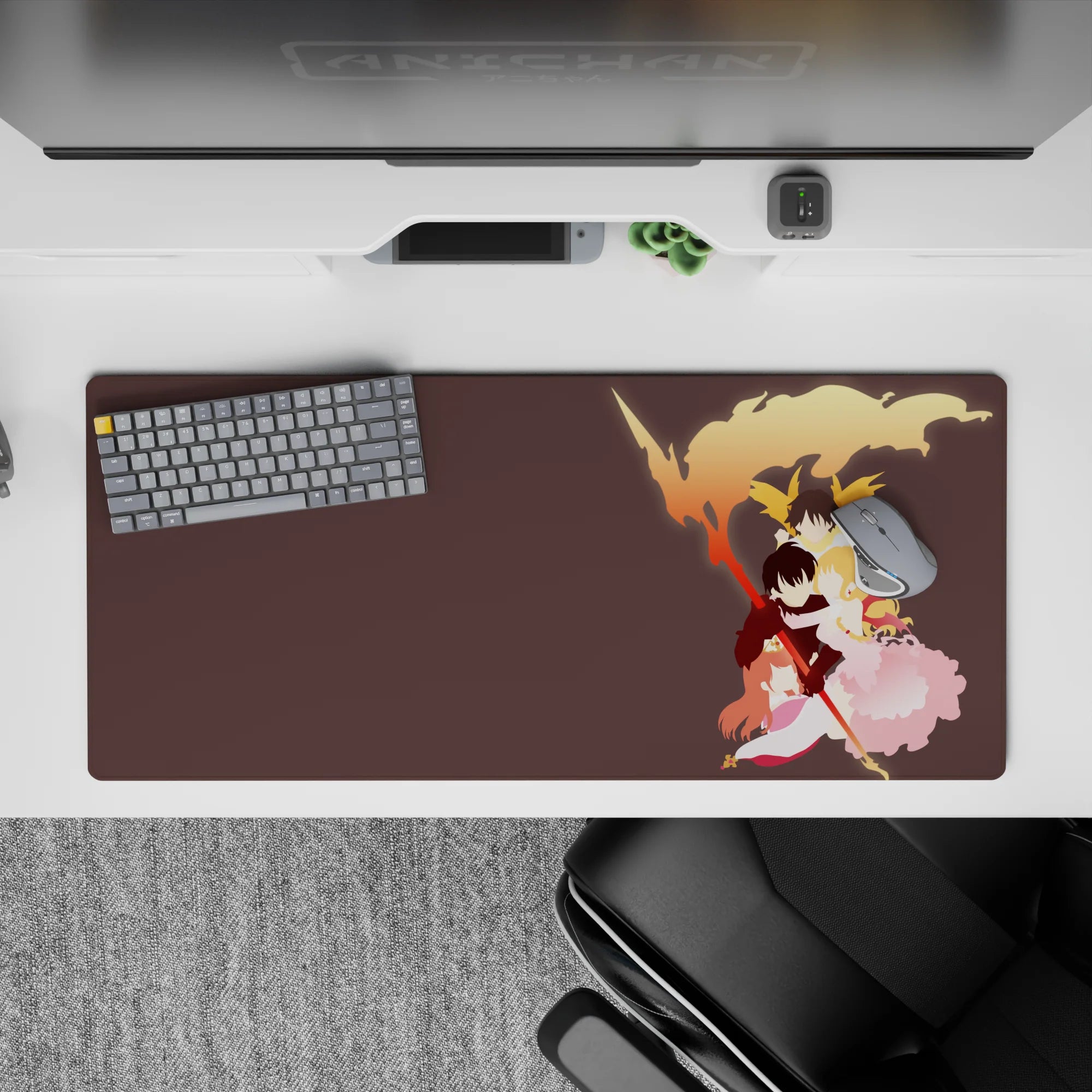 Warm sunset orange, gold, and blush pink anime desk pad 36x16 inches with dreamy protective embrace.