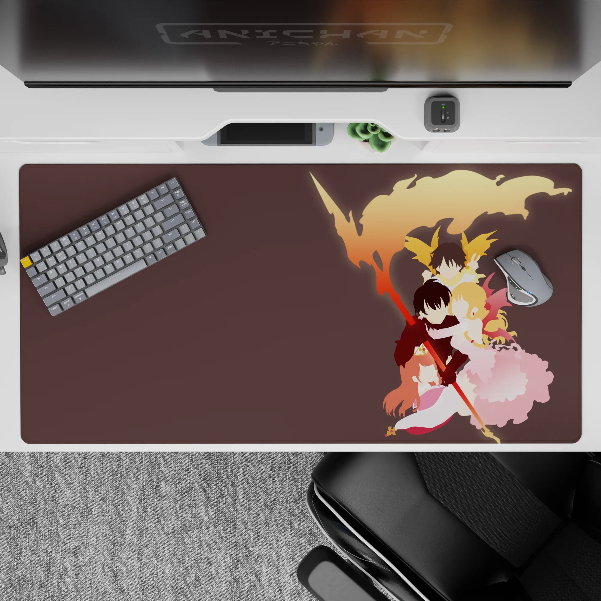 Warm sunset orange, gold, blush pink anime desk pad 40x20 inches with dreamy faces and smoky ribbons.