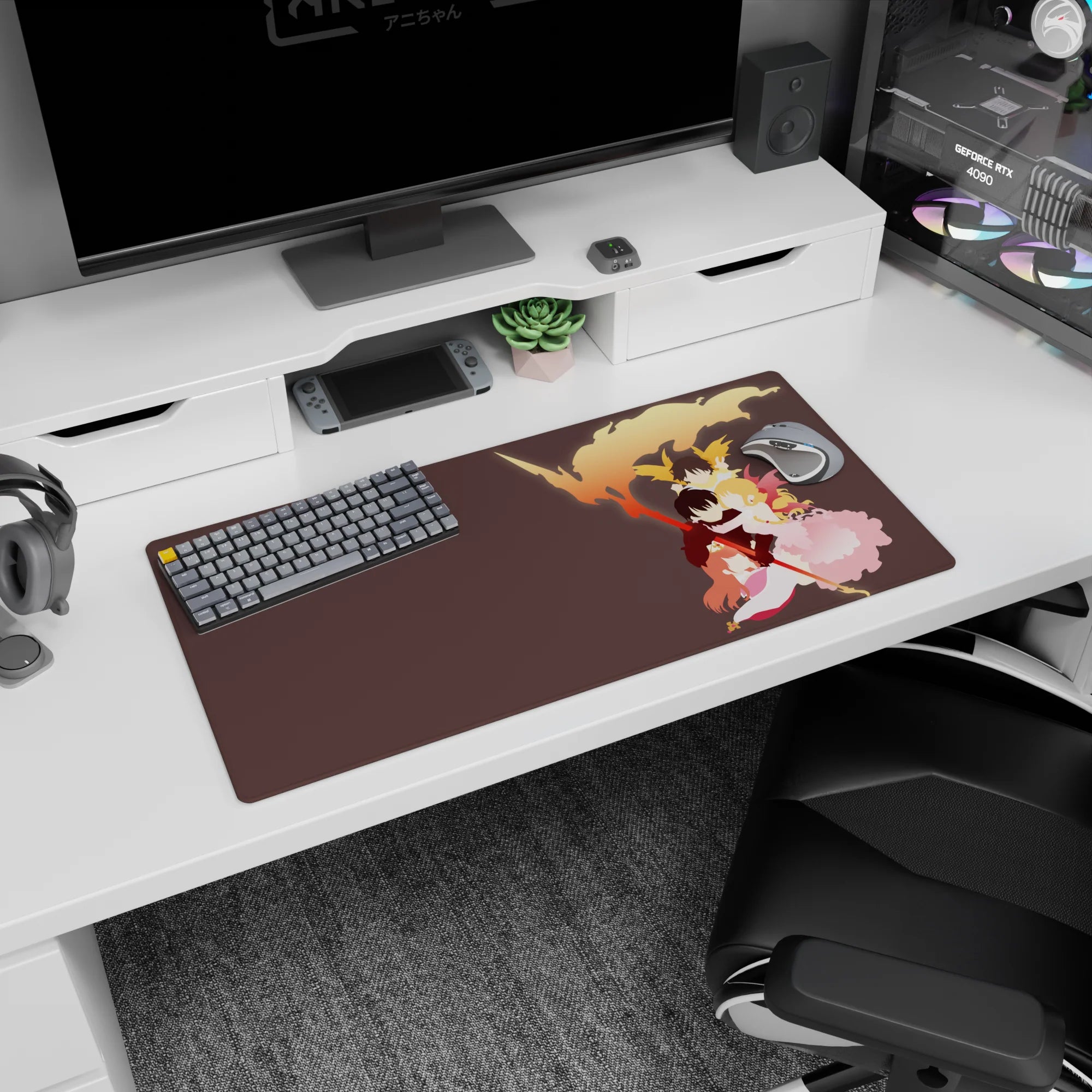 32x16 inches anime mouse pad showing three dark-haired heroes in a protective embrace under sweeping flames.