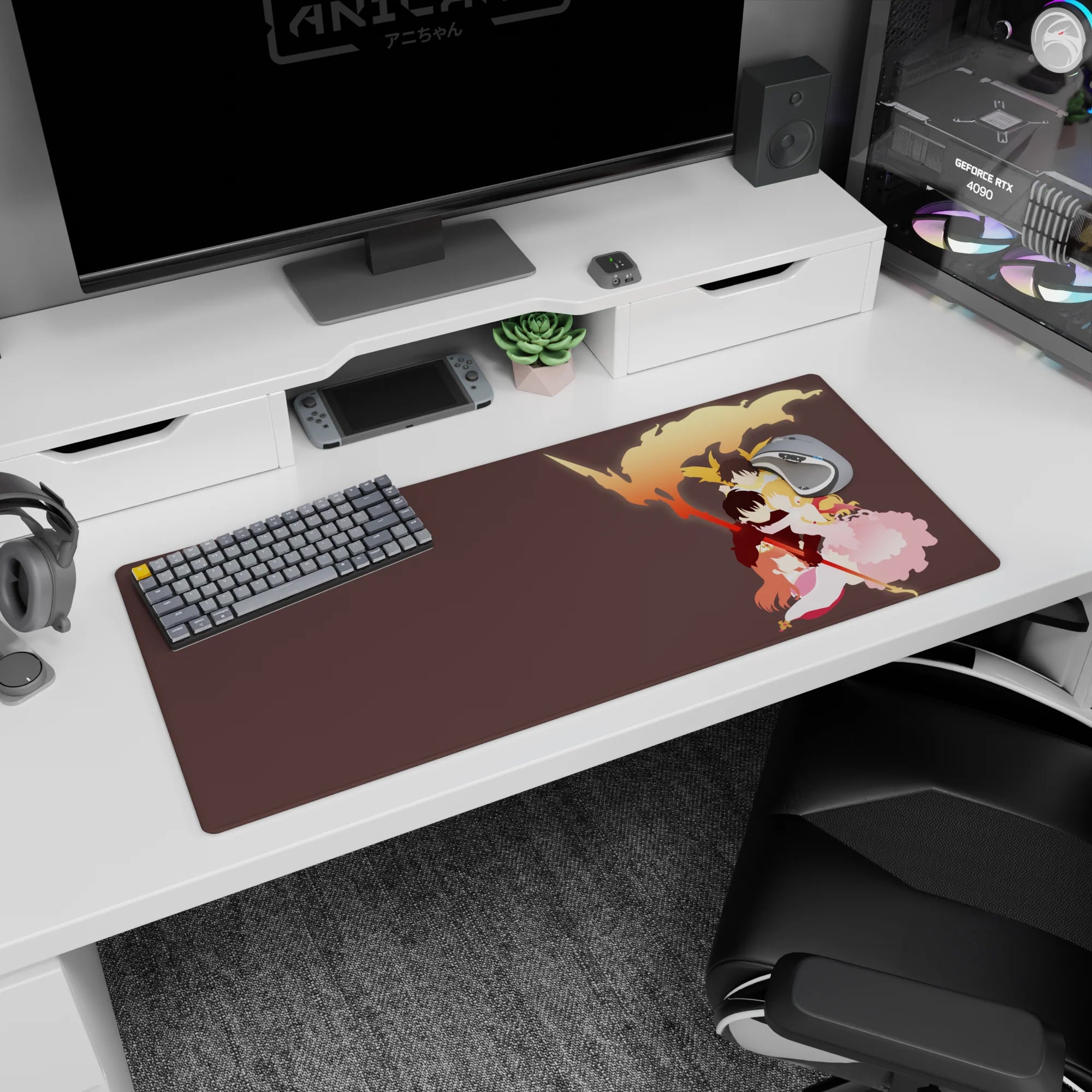 Three anime-style heroes in a protective group hug under sweeping flames on a 36x16 inches desk pad.