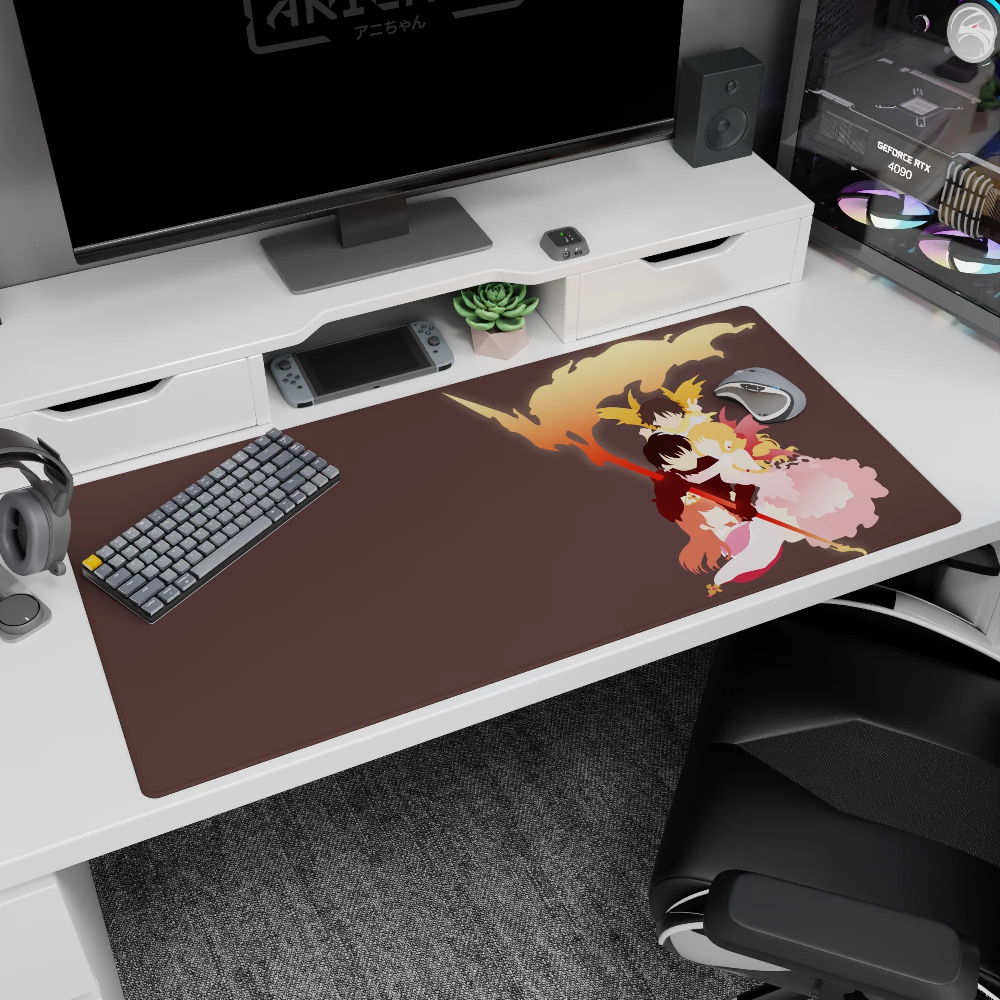 Three anime heroes in a protective embrace under sweeping flames, desk pad 40x20 inches with staff detail.