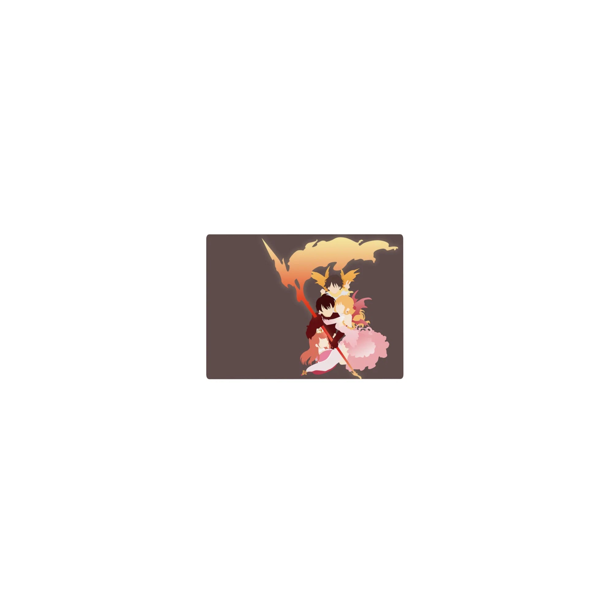 Classic anime mouse pad 14x10 inches with three heroes hugging, flame plume frame, staff and smoky ribbons.