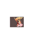 Classic anime mouse pad 14x10 inches with three heroes hugging, flame plume frame, staff and smoky ribbons.