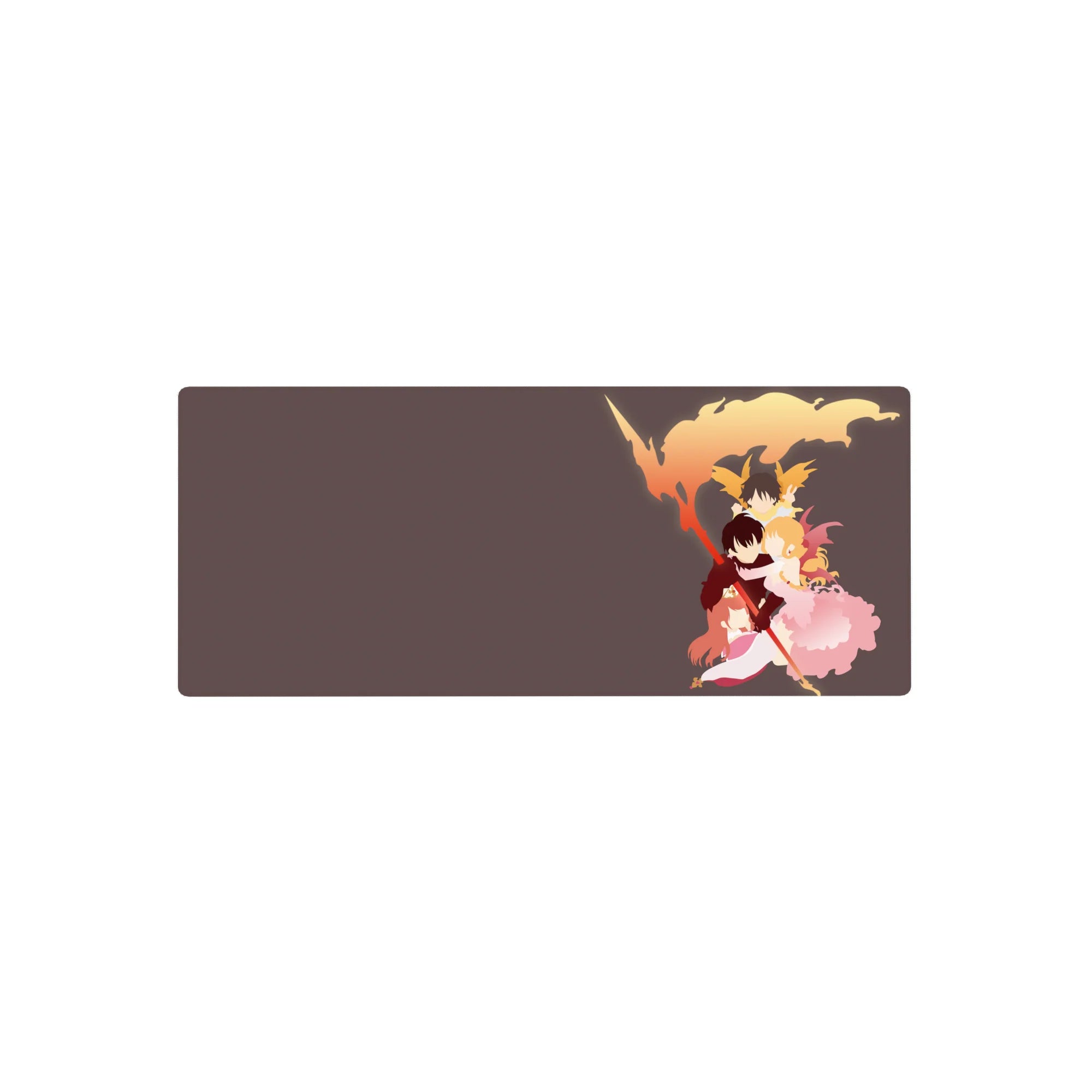 28x12 inches anime mouse pad with three heroes hugging, flame plume backdrop, staff weapon and smoky ribbons.