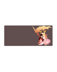 28x12 inches anime mouse pad with three heroes hugging, flame plume backdrop, staff weapon and smoky ribbons.
