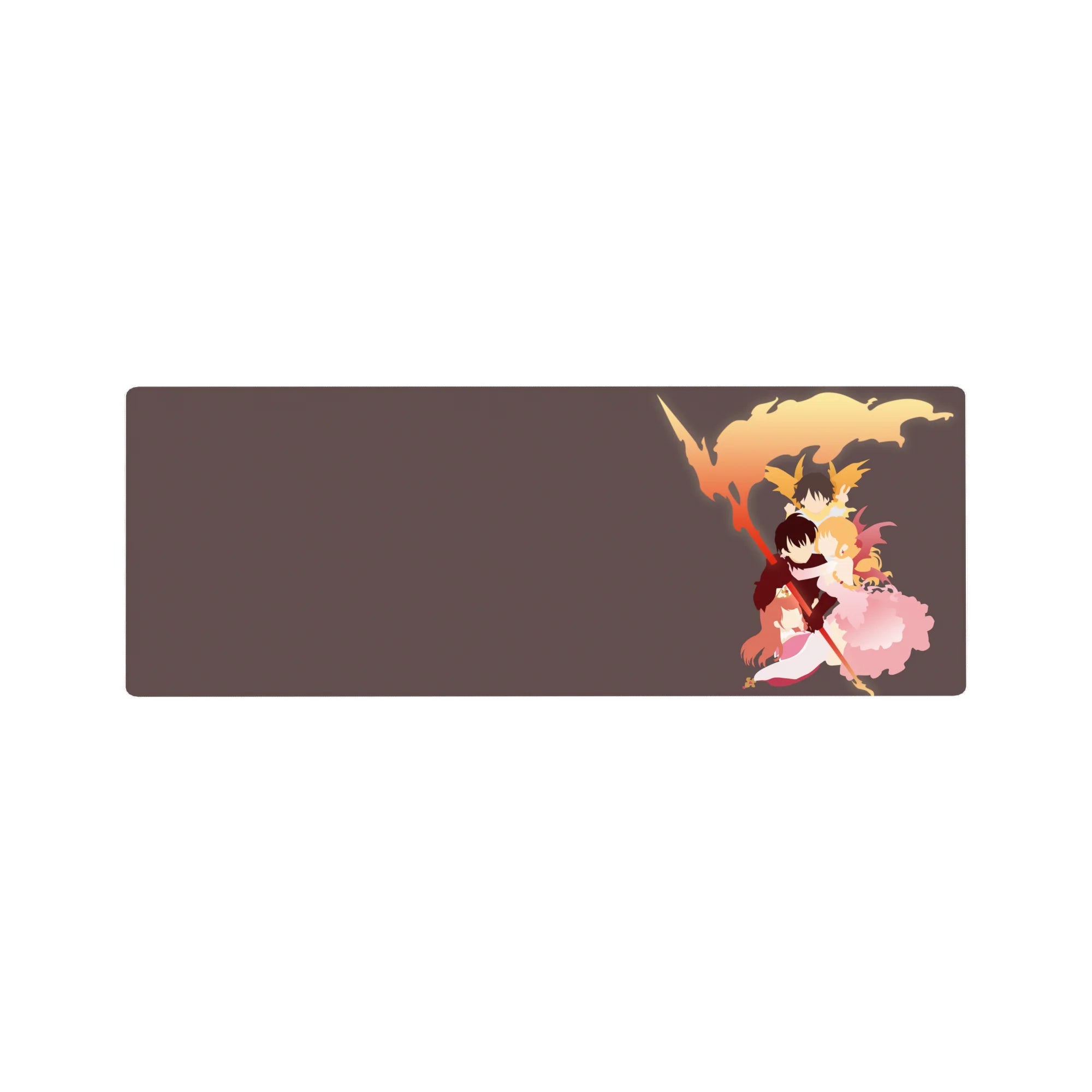 32x12 inches anime mouse pad with three heroes hugging, flame plume backdrop, smoky ribbons, staff weapon.