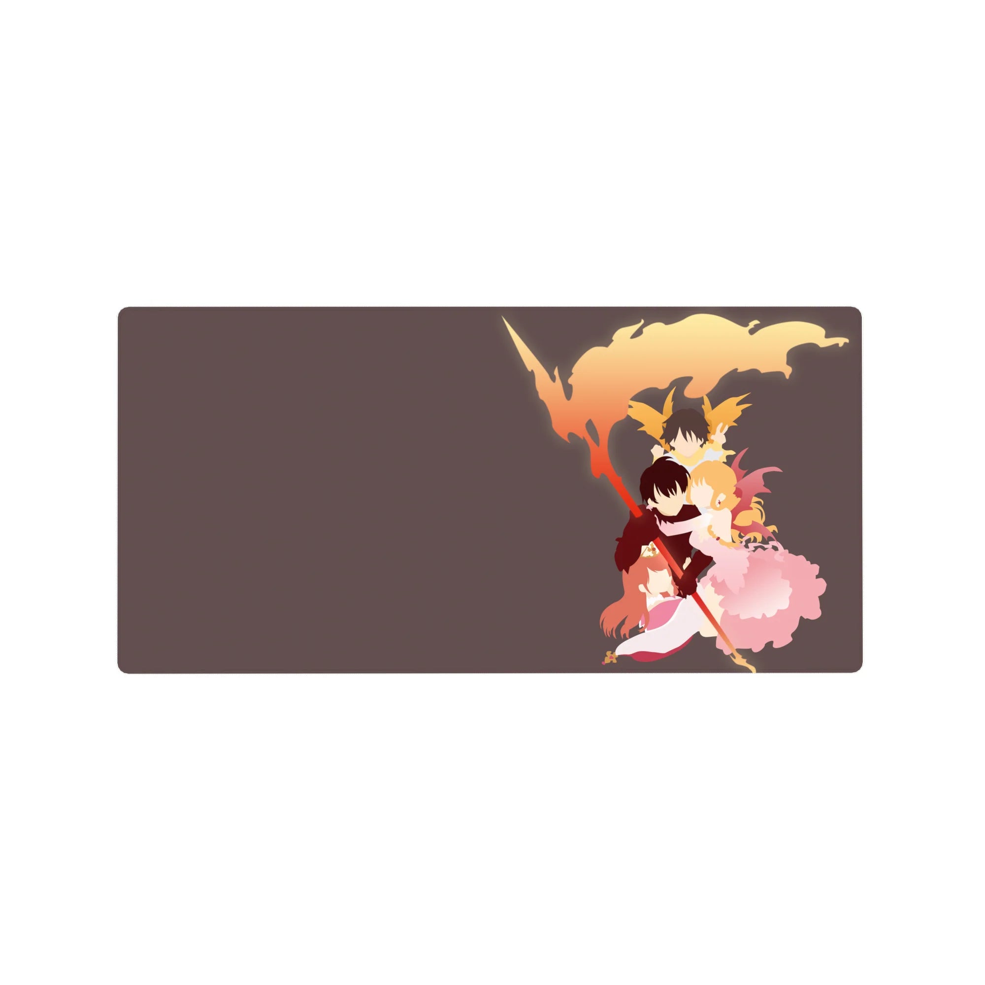 32x16 inches anime mouse pad with three heroes hugging, flame plume frame, staff weapon and smoky ribbons.