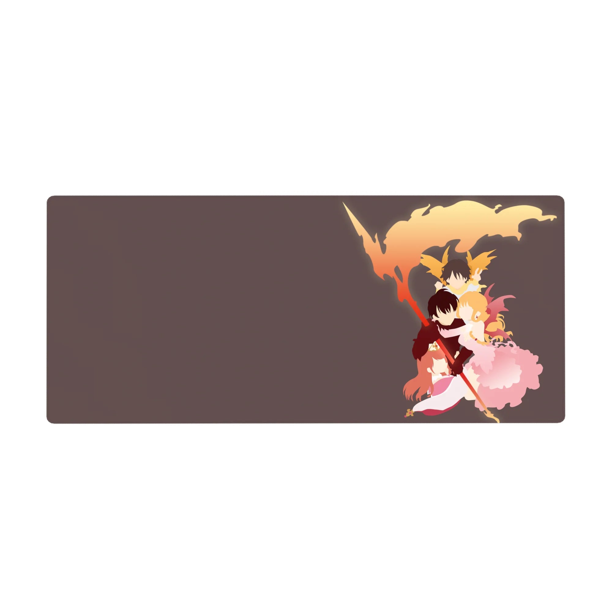 Anime desk pad 36x16 inches with three heroes hugging, flame plume backdrop, staff weapon and smoky ribbons.