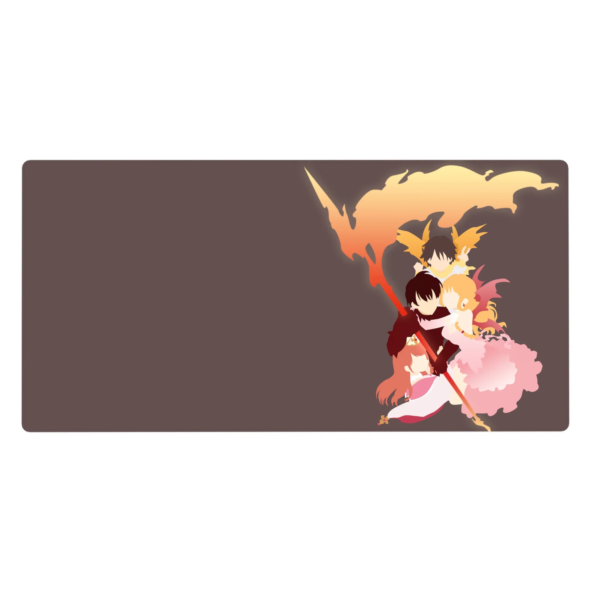 Anime desk pad 40x20 inches with three heroes hugging, flame plume frame, staff weapon, clean negative space.