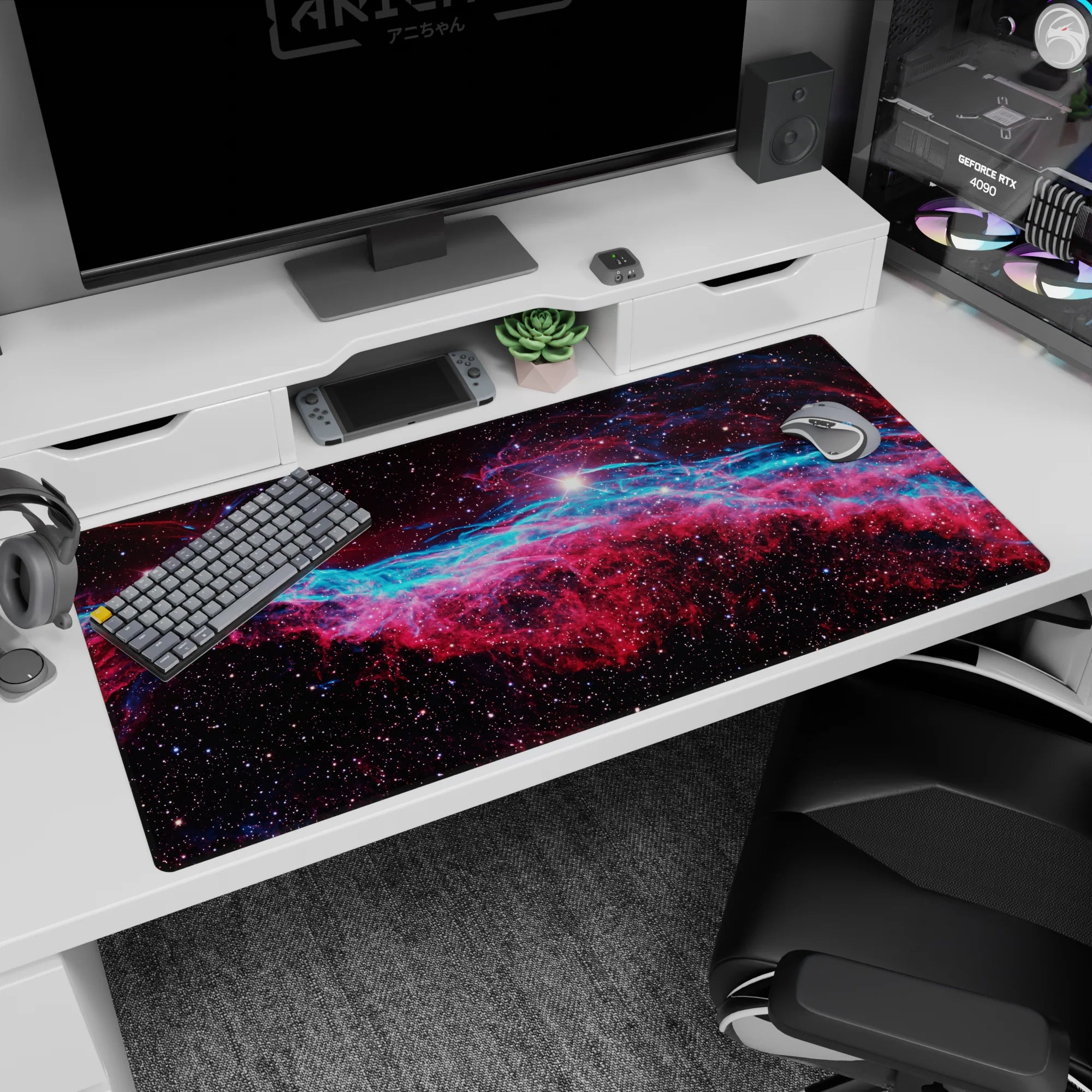 Starry black sky desk pad 40x20 inches featuring a bright cosmic flare over crimson clouds and teal mist.