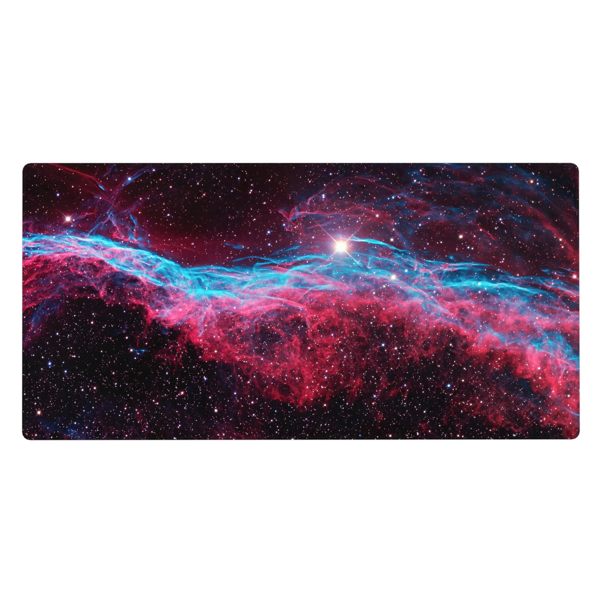 Galaxy-themed desk pad 40x20 inches with starry black sky, neon teal mist, and crimson cloud swirls.