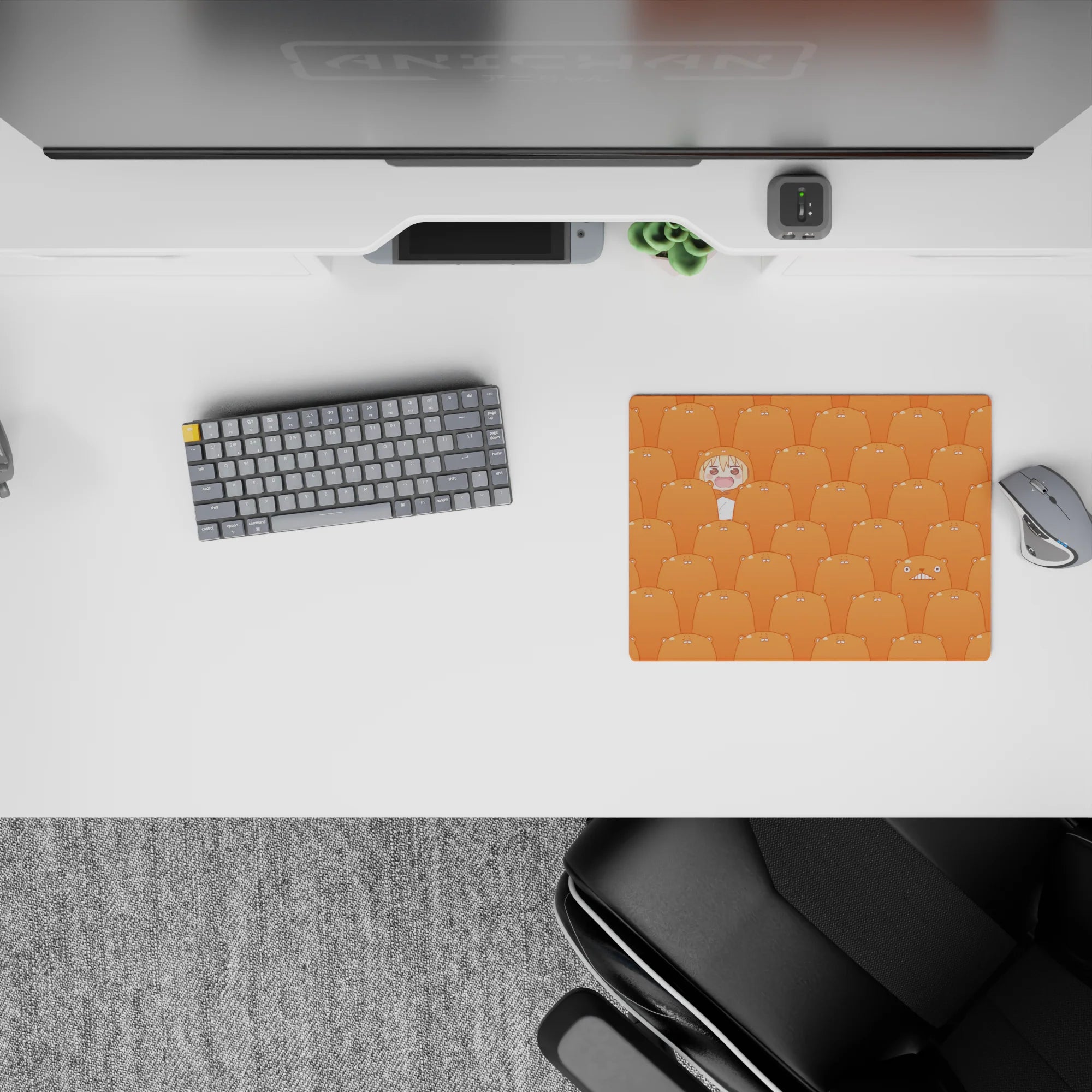 Warm tangerine-toned anime mouse pad 14x10 inches, cute pattern, cozy playful vibe for long nights.
